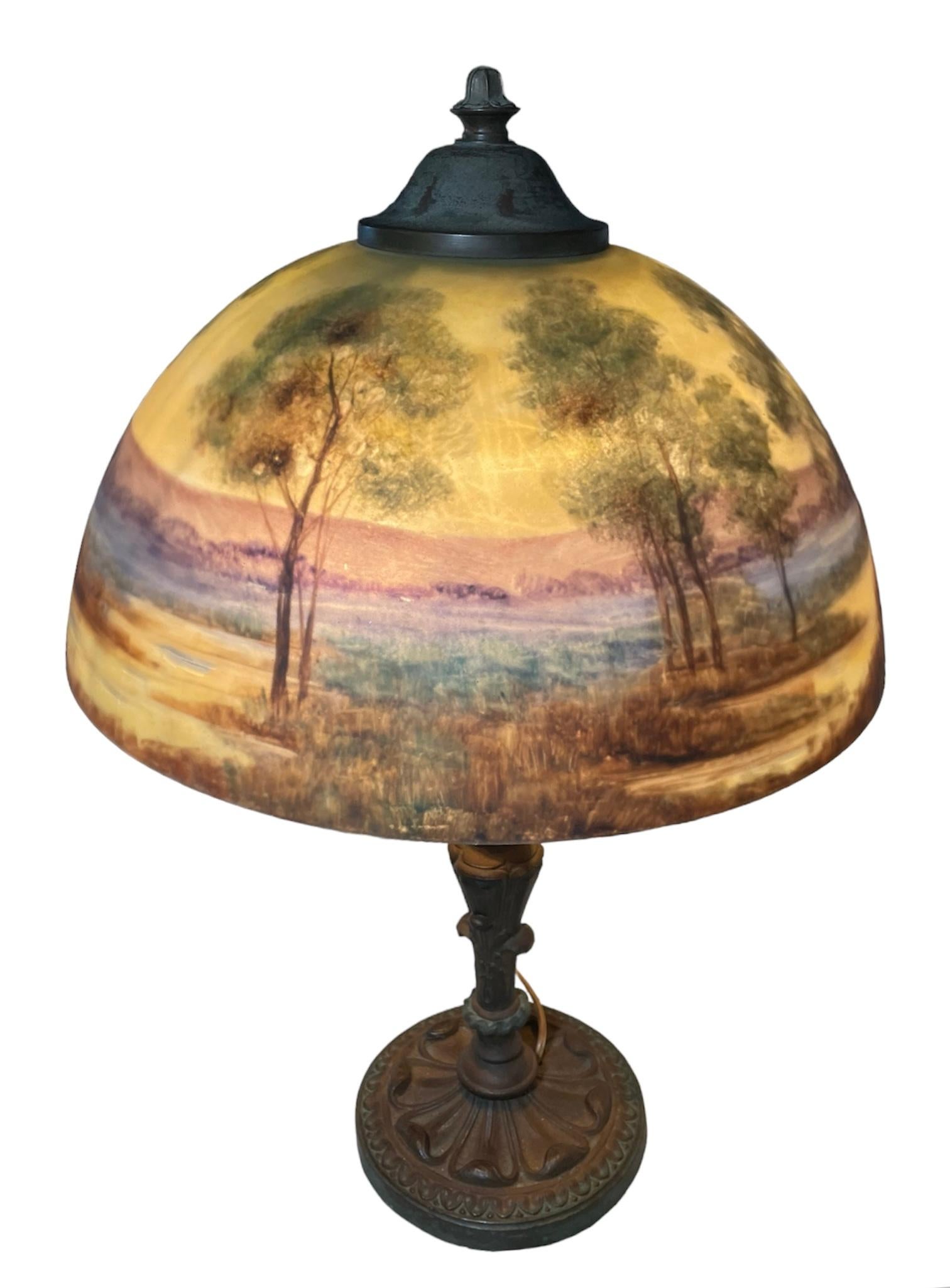 Early 20th Century Reverse Painting Glass Shade And Bronze lamp For Sale 3