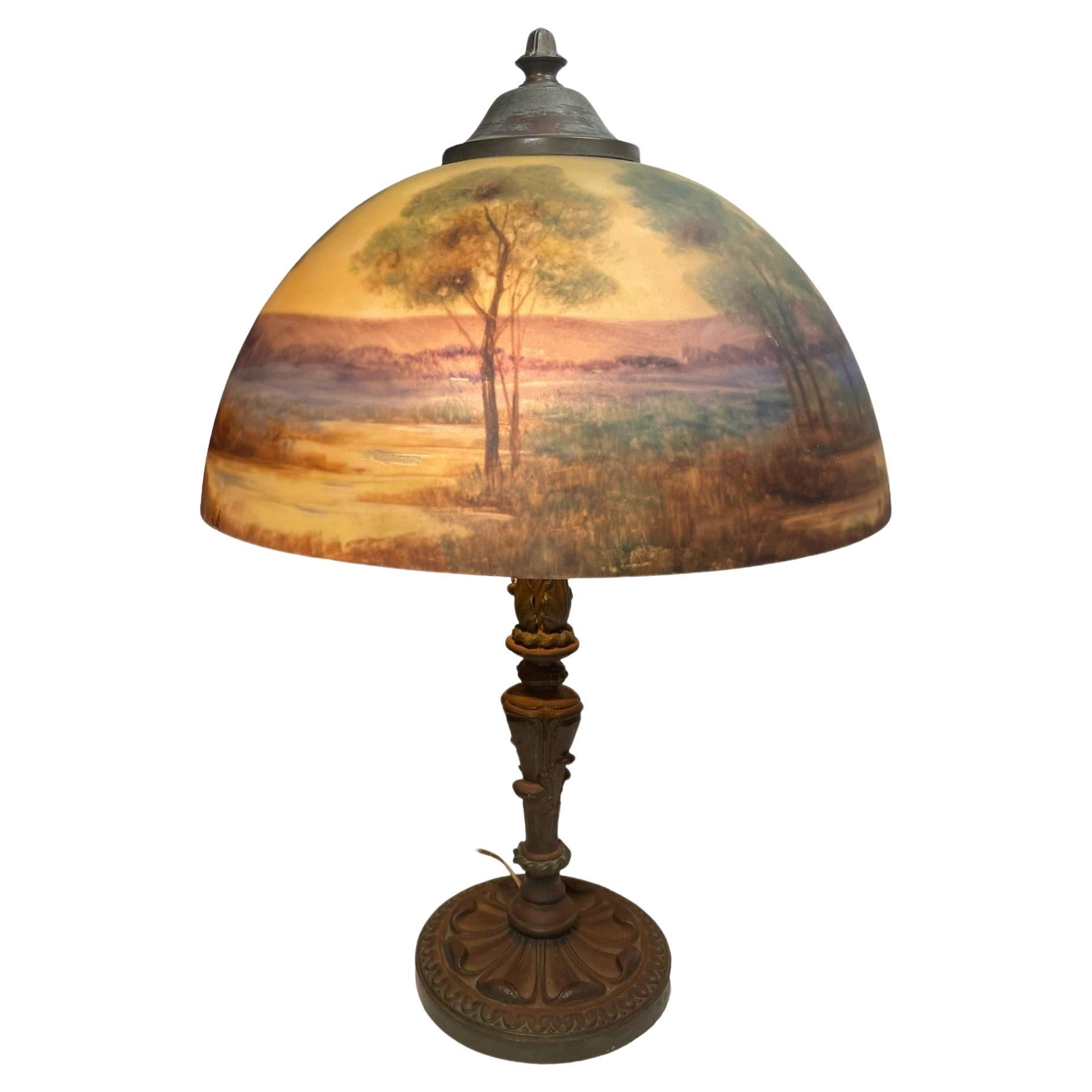 Early 20th Century Reverse Painting Glass Shade And Bronze lamp