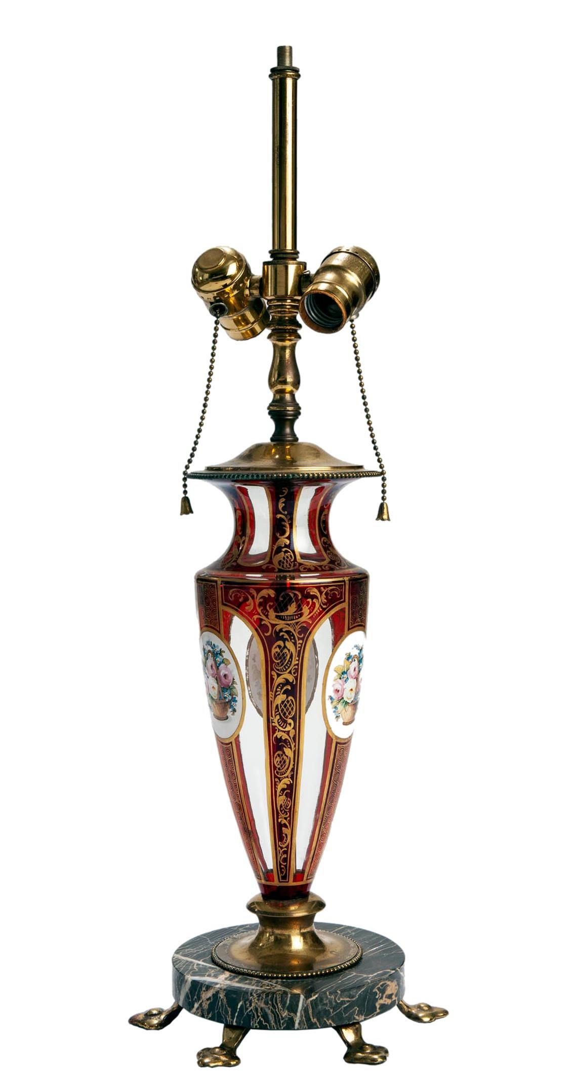 19th Century Early 20th Century Romanian Hand Paint/Hand Cut Ruby Bohemian Glass Lamp For Sale