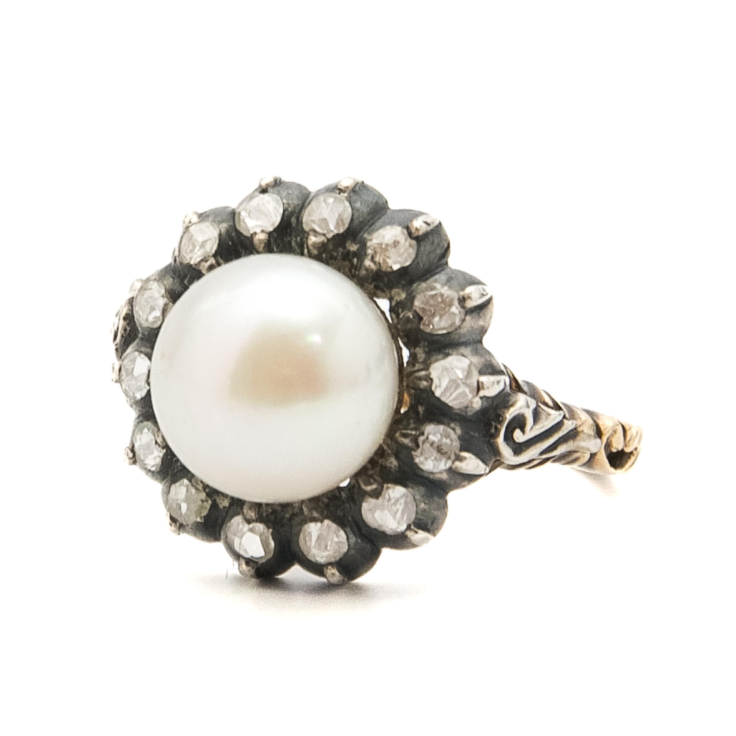 Anillo en racimo de diamantes talla rosa y perlas cultivadas de principios del siglo XX Corte rosa en venta