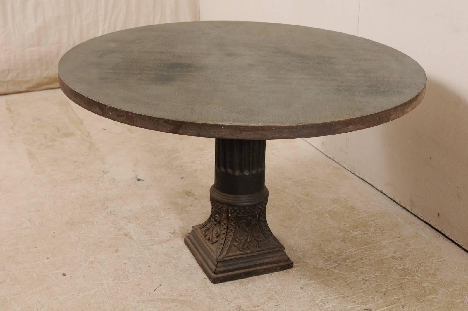 American 4 Ft. Diameter Custom Centre Table w/Antique Column Base & Patinated-Steel Top For Sale