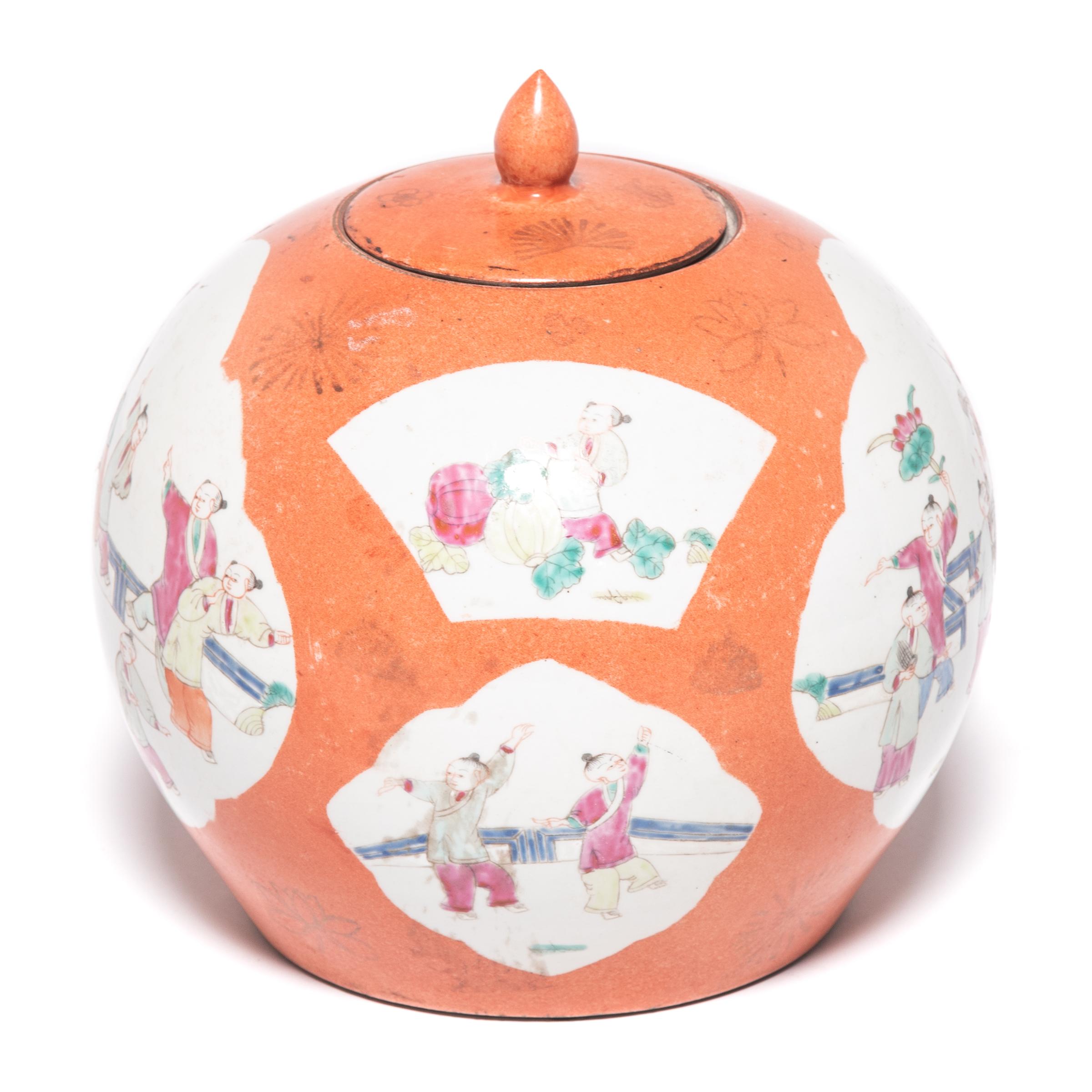 Glazed Chinese Persimmon Ginger Jar with Cartouche Paintings, c. 1900 For Sale