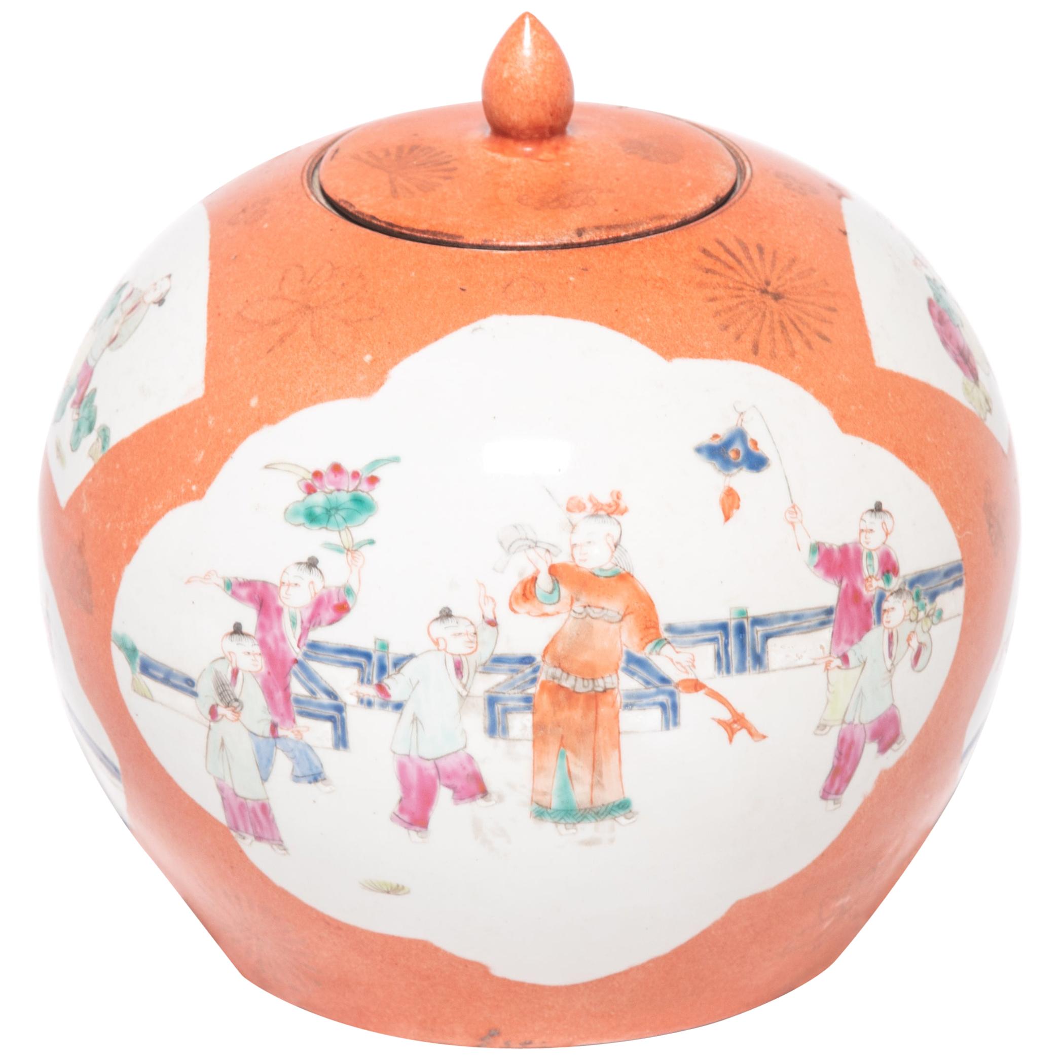 Chinese Persimmon Ginger Jar with Cartouche Paintings, c. 1900 For Sale
