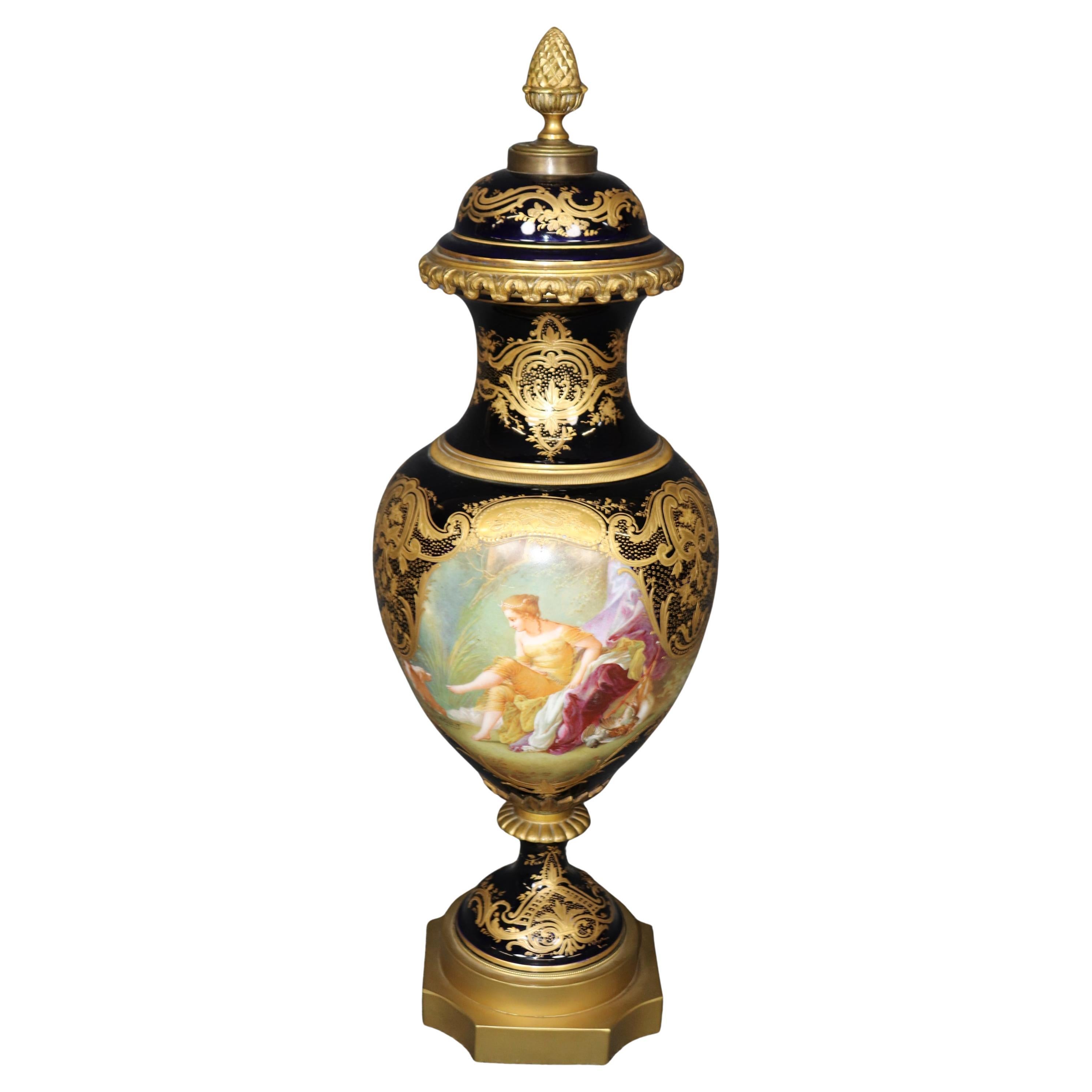 Early 20th Century Royal Blue Signed Sevres of Paris Figural Urn