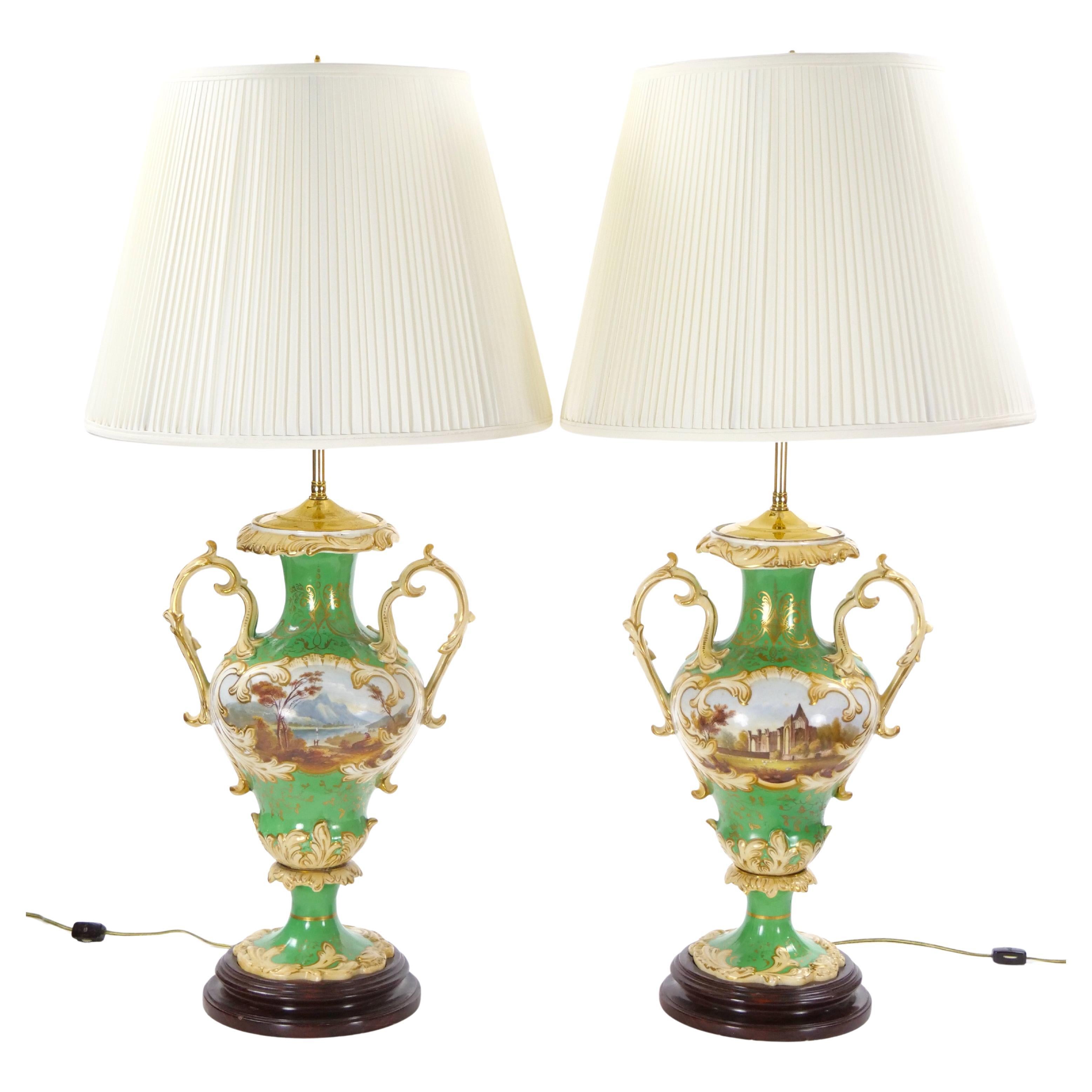 Lampade da tavolo in porcellana dorata e dipinta a mano di Royal Worcester dei primi del Novecento