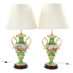 Lámparas de mesa de porcelana dorada y pintada a mano Royal Worcester de principios del siglo XX
