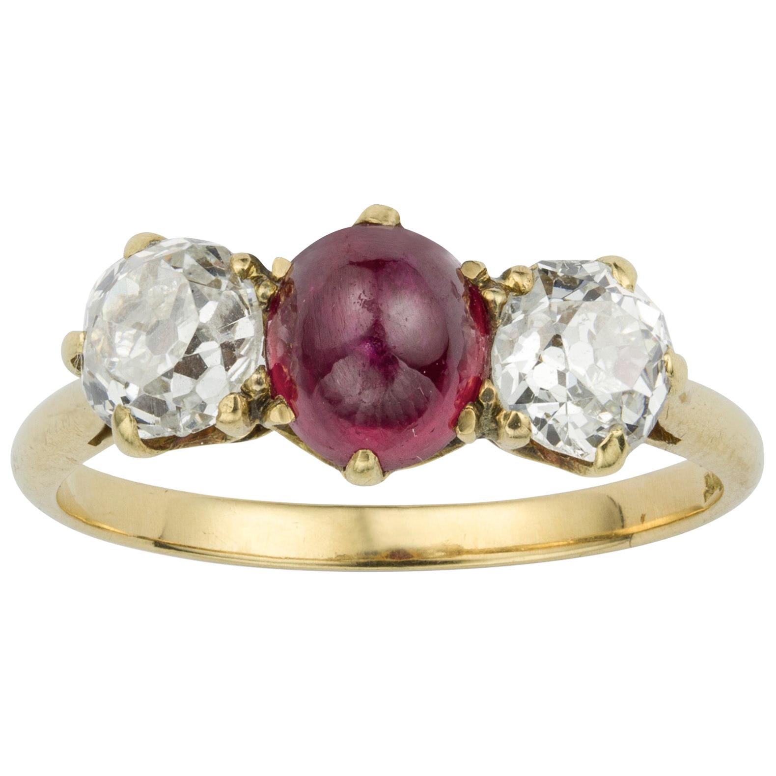 Early 20th Century Ruby and Diamond Three-Stone Ring