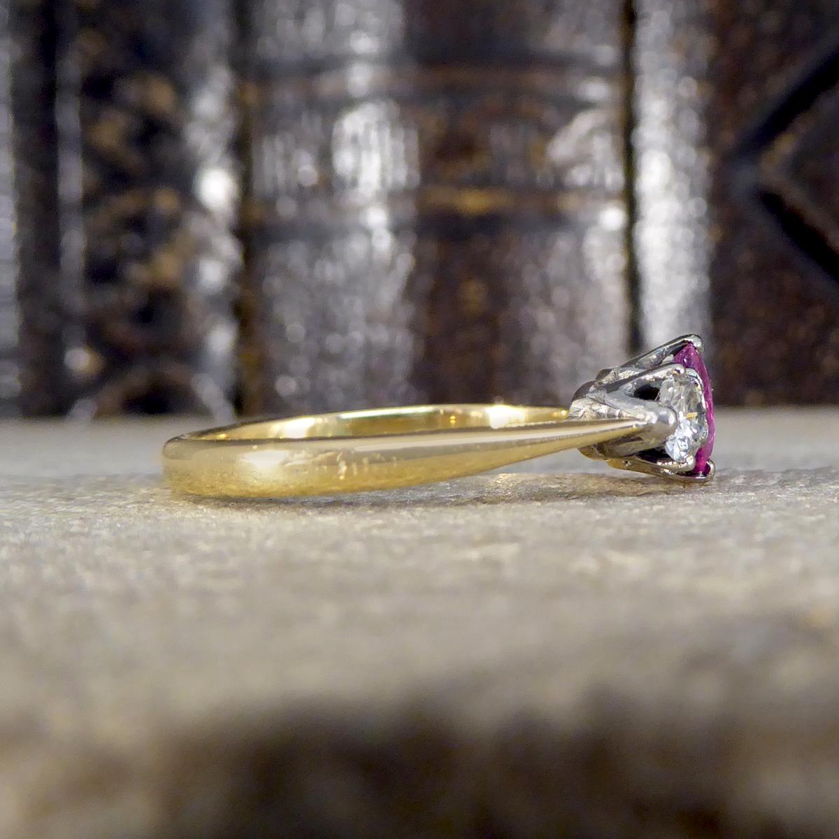 Art Deco Early 20th Century Ruby and Diamond Three Stone Ring in 18ct Yellow Gold & Plat