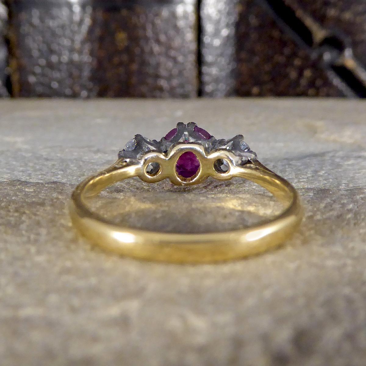 Round Cut Early 20th Century Ruby and Diamond Three Stone Ring in 18ct Yellow Gold & Plat