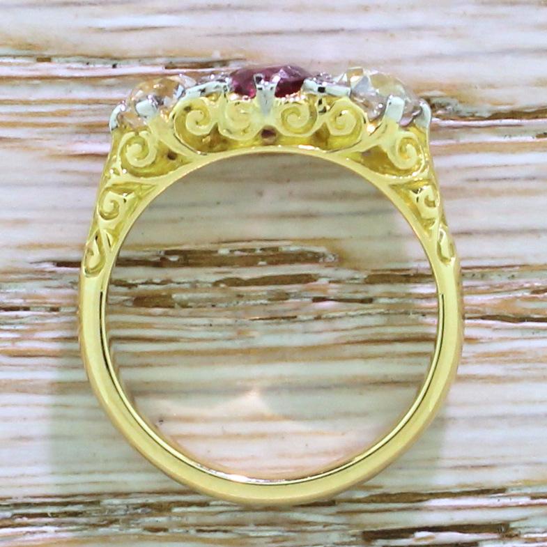 Women's Early 20th Century Ruby and Old Cut Diamond 18 Karat Gold Trilogy Ring For Sale