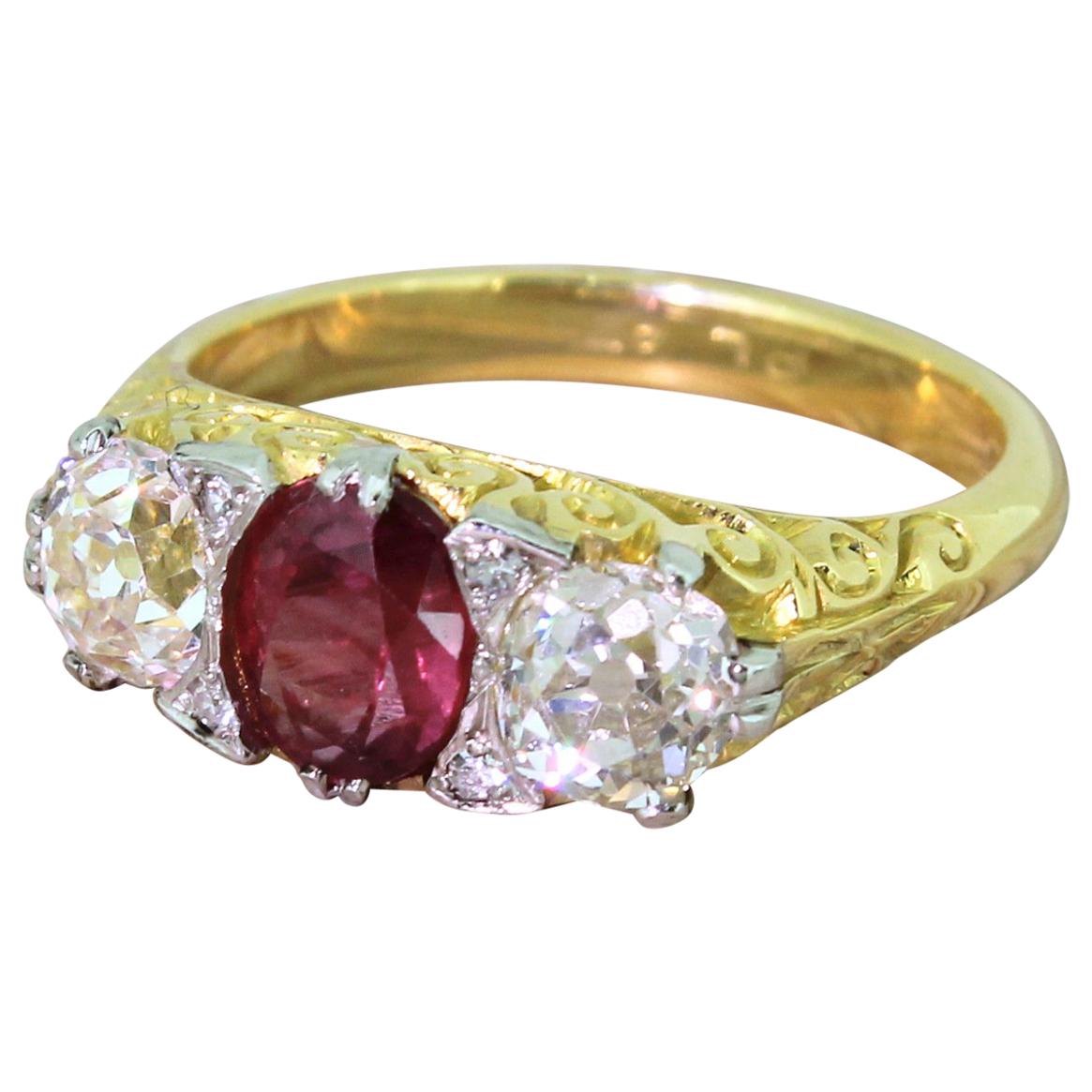 Early 20th Century Ruby and Old Cut Diamond 18 Karat Gold Trilogy Ring For Sale