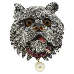 Early 20th Century Ruby Pearl and Diamond Dog Face Pendant Brooch