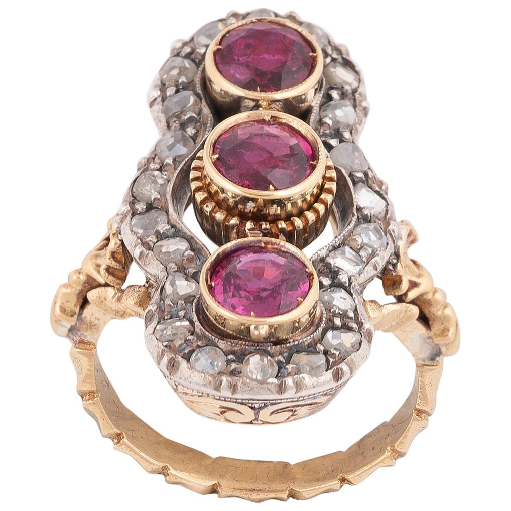 Early 20th Century Ruby Three-Stone Ring, circa 1900 For Sale