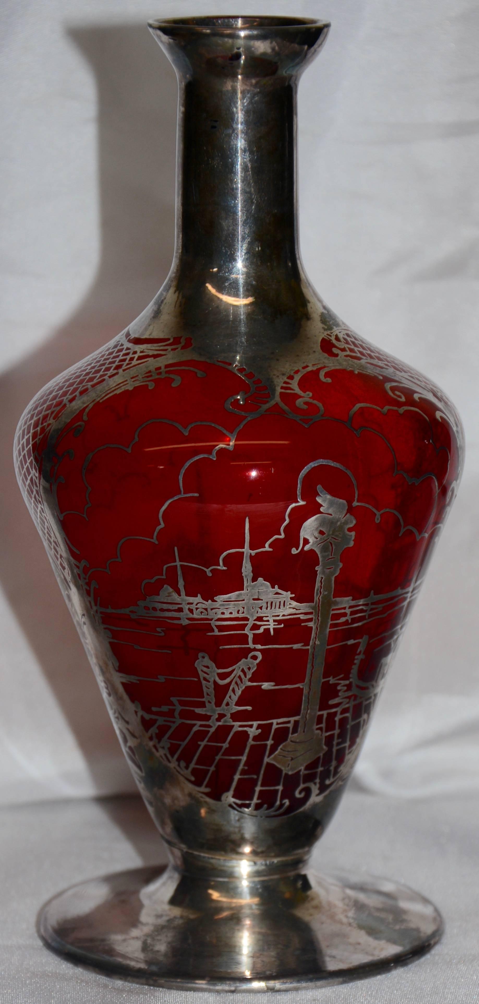 Art Nouveau Ruby with Silver Overlay Vase For Sale
