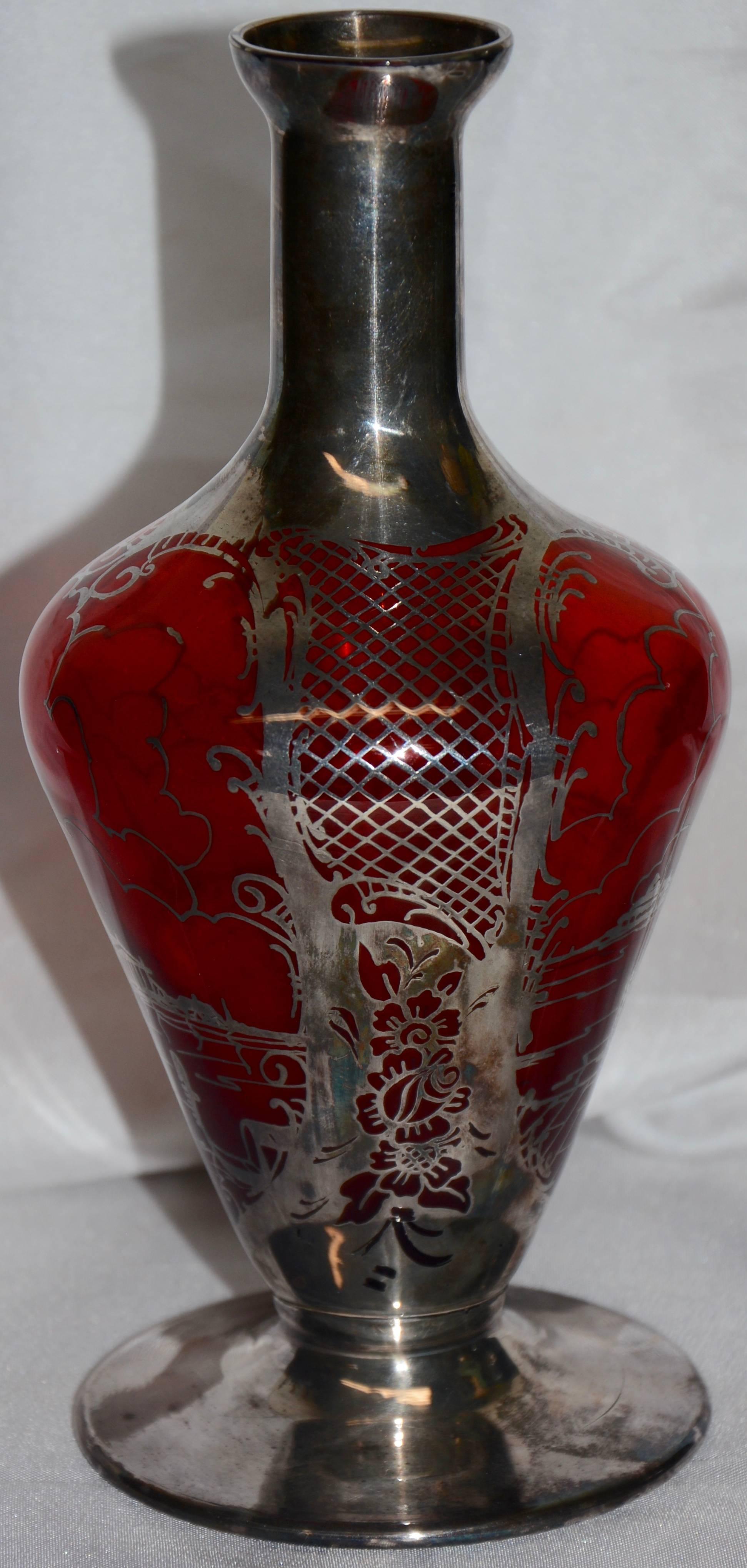 French Ruby with Silver Overlay Vase For Sale