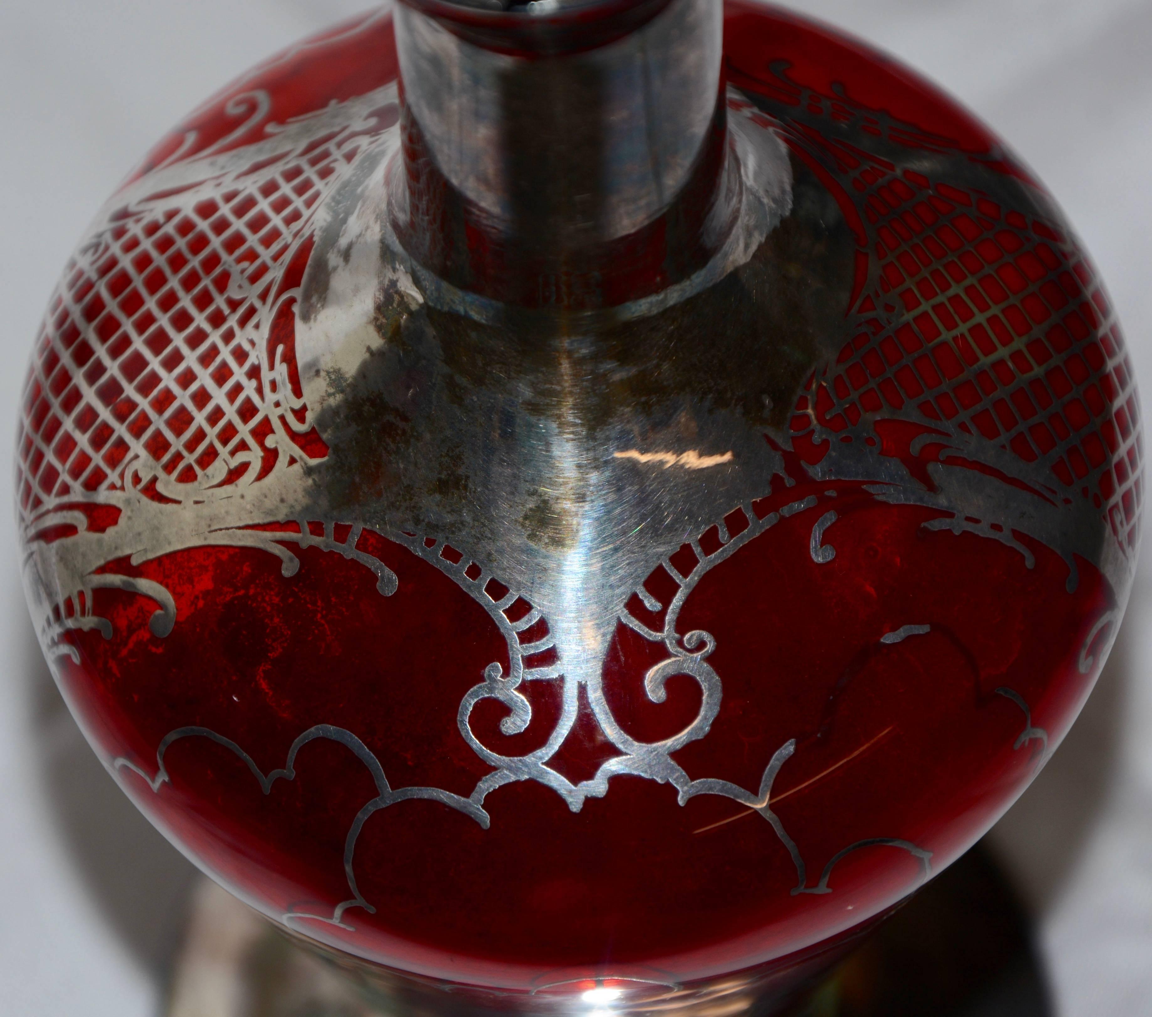 Hand-Crafted Ruby with Silver Overlay Vase For Sale