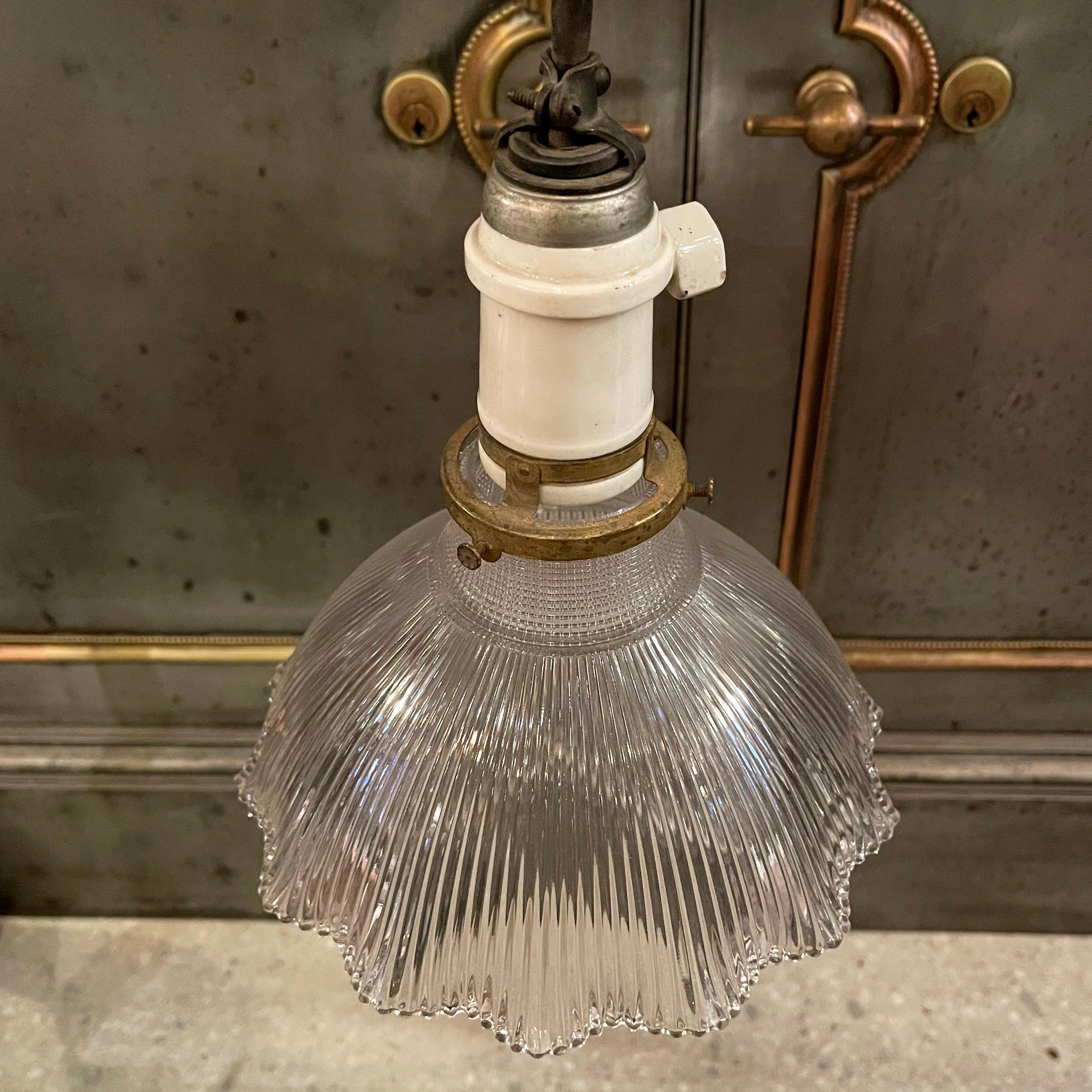 American Early 20th Century Ruffle Holophane Pendant Light For Sale