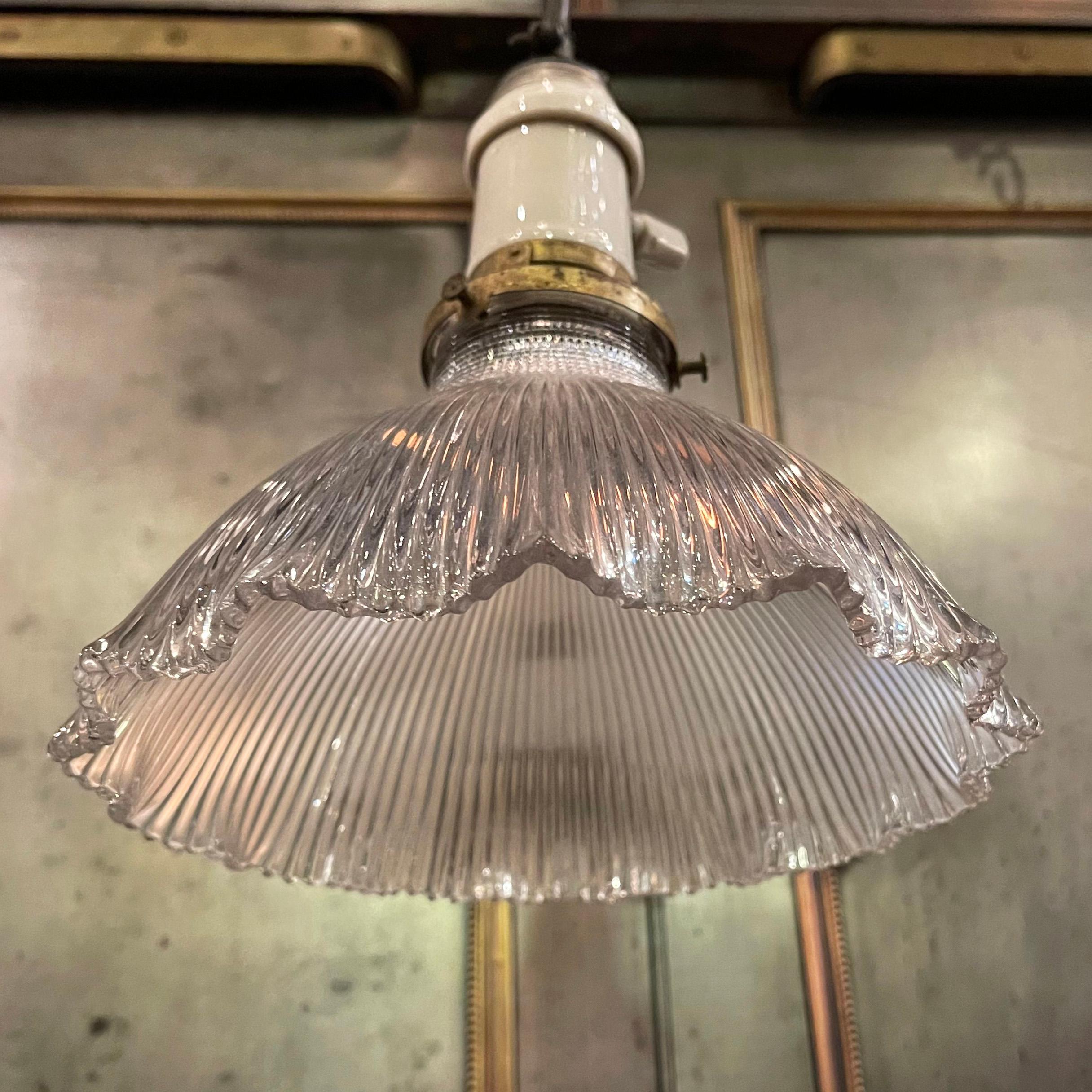 Brass Early 20th Century Ruffle Holophane Pendant Light For Sale