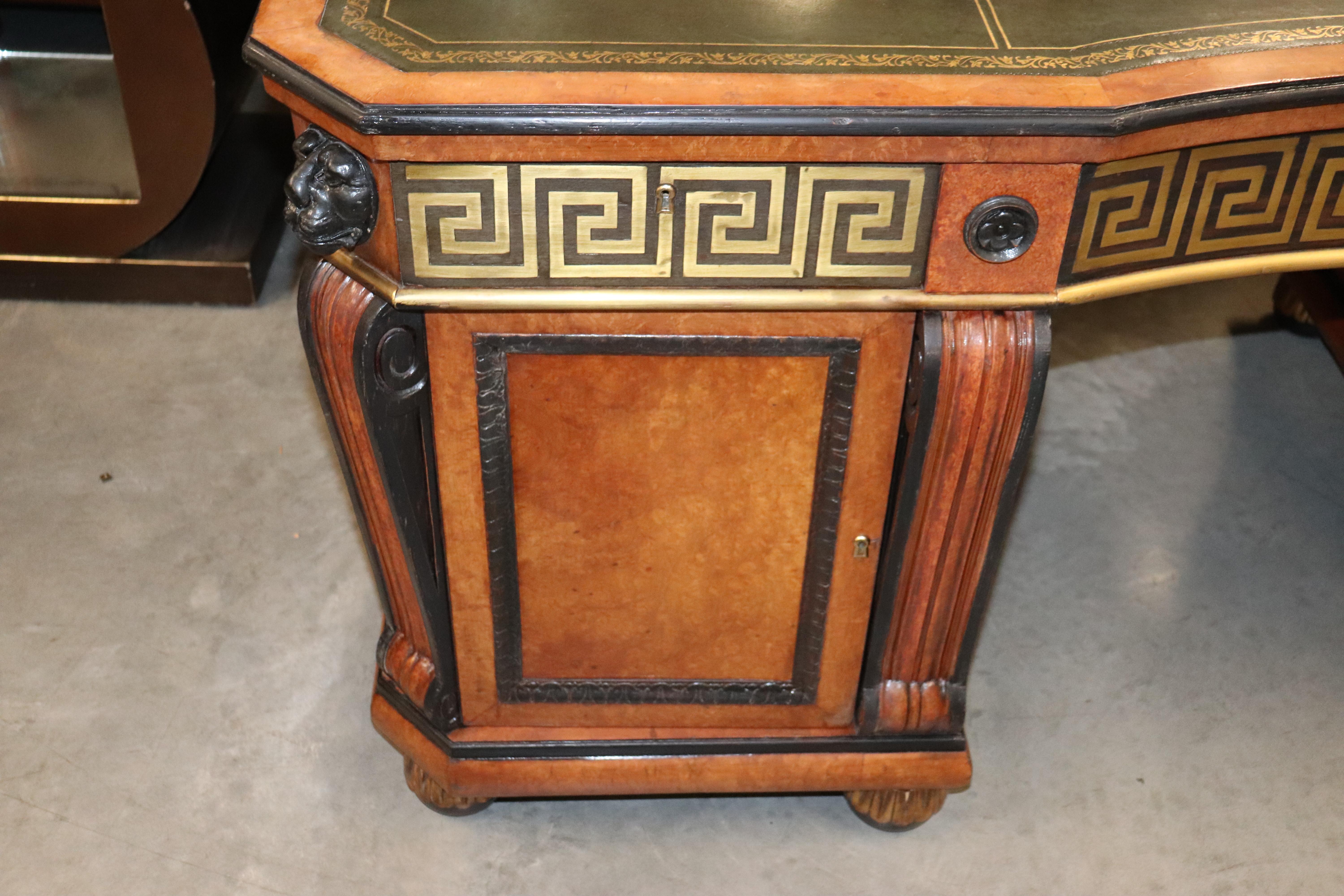 Early 20th Century Russian Brass Greek Key Inlaid Executive Desk with Lions In Good Condition In Swedesboro, NJ