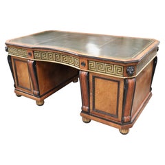 Antique Early 20th Century Russian Brass Greek Key Inlaid Executive Desk with Lions