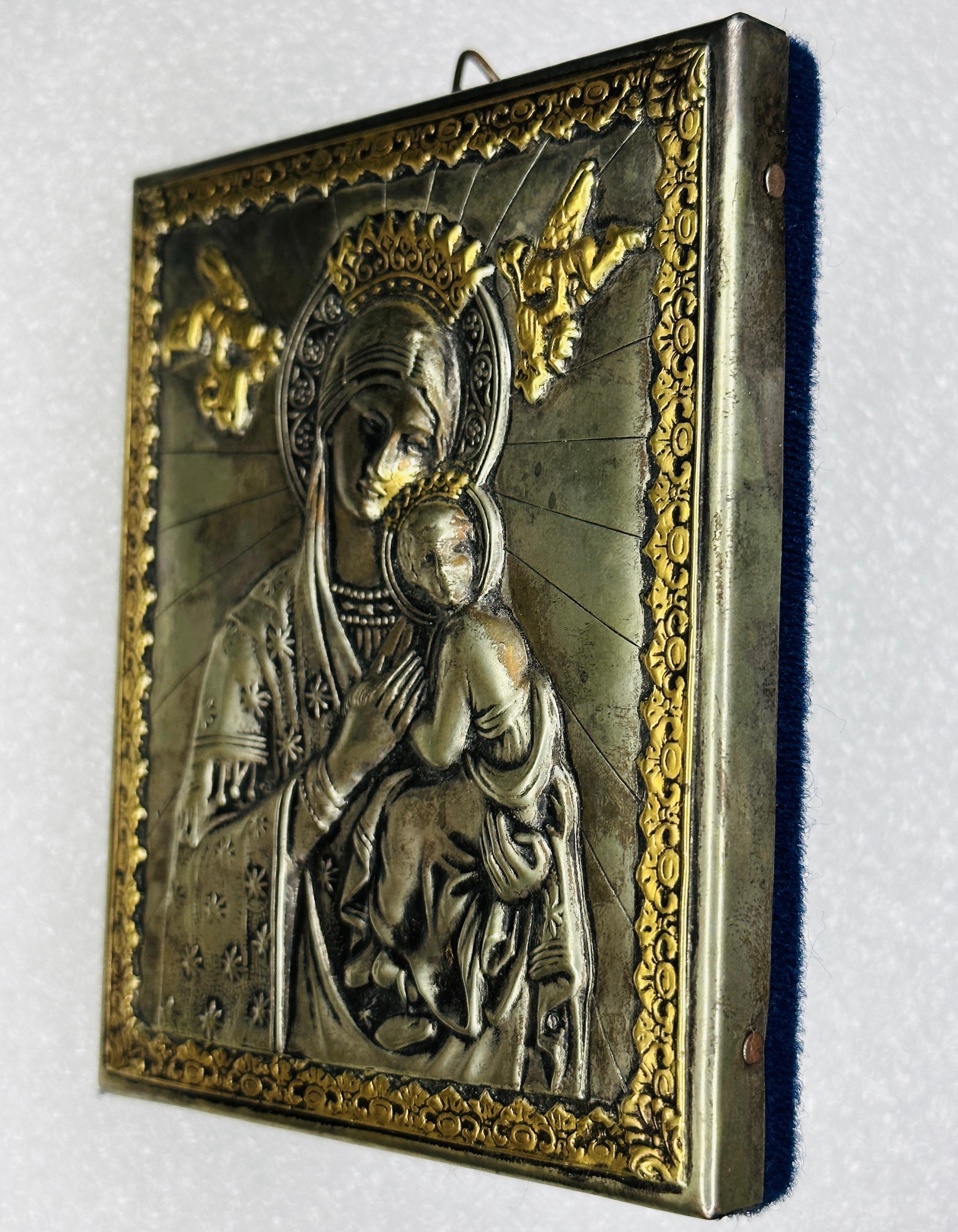 Etched Russian Icon of Madonna and Child in Repoussé Metal, Early 20th Century