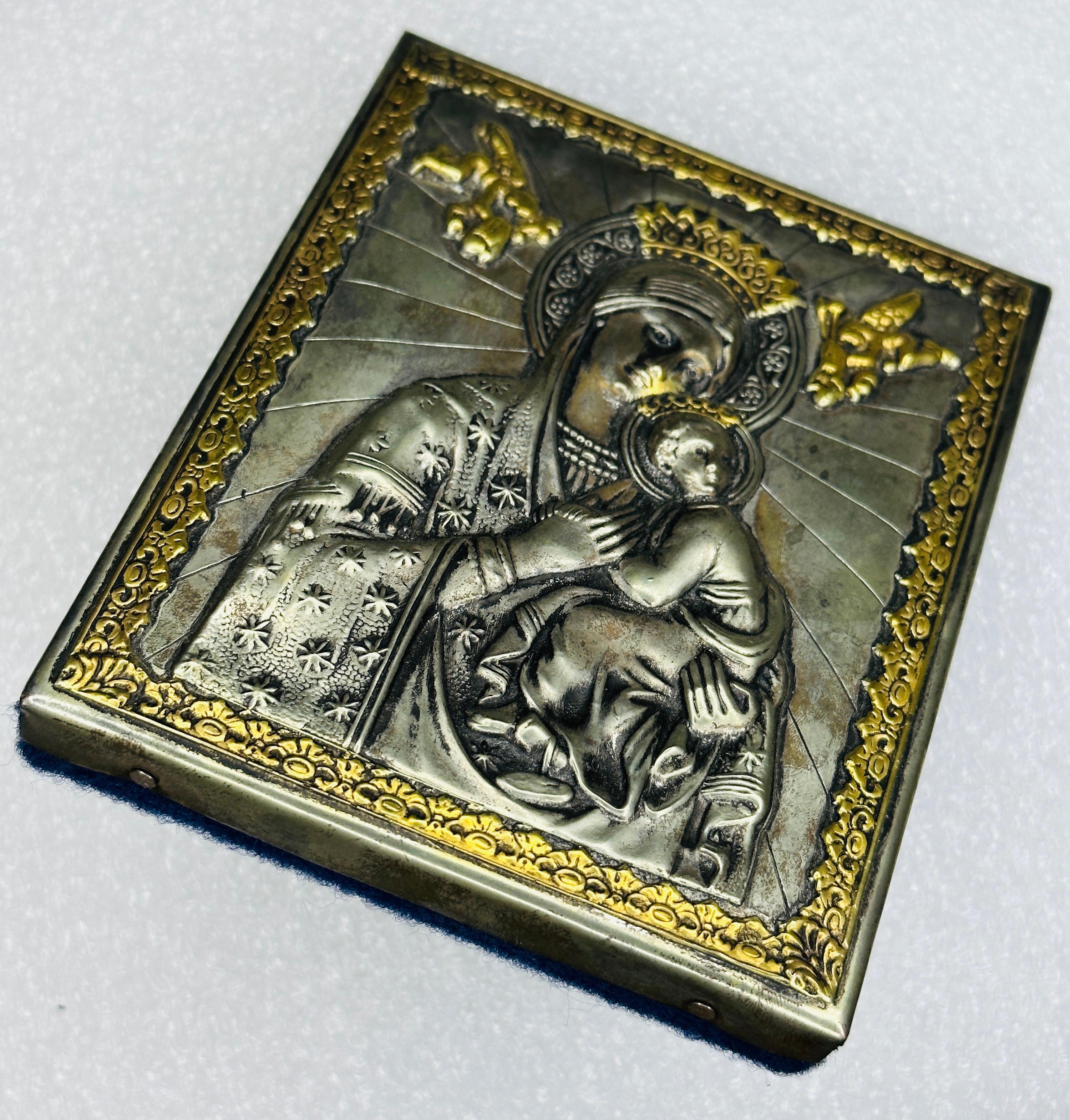 Russian Icon of Madonna and Child in Repoussé Metal, Early 20th Century 1