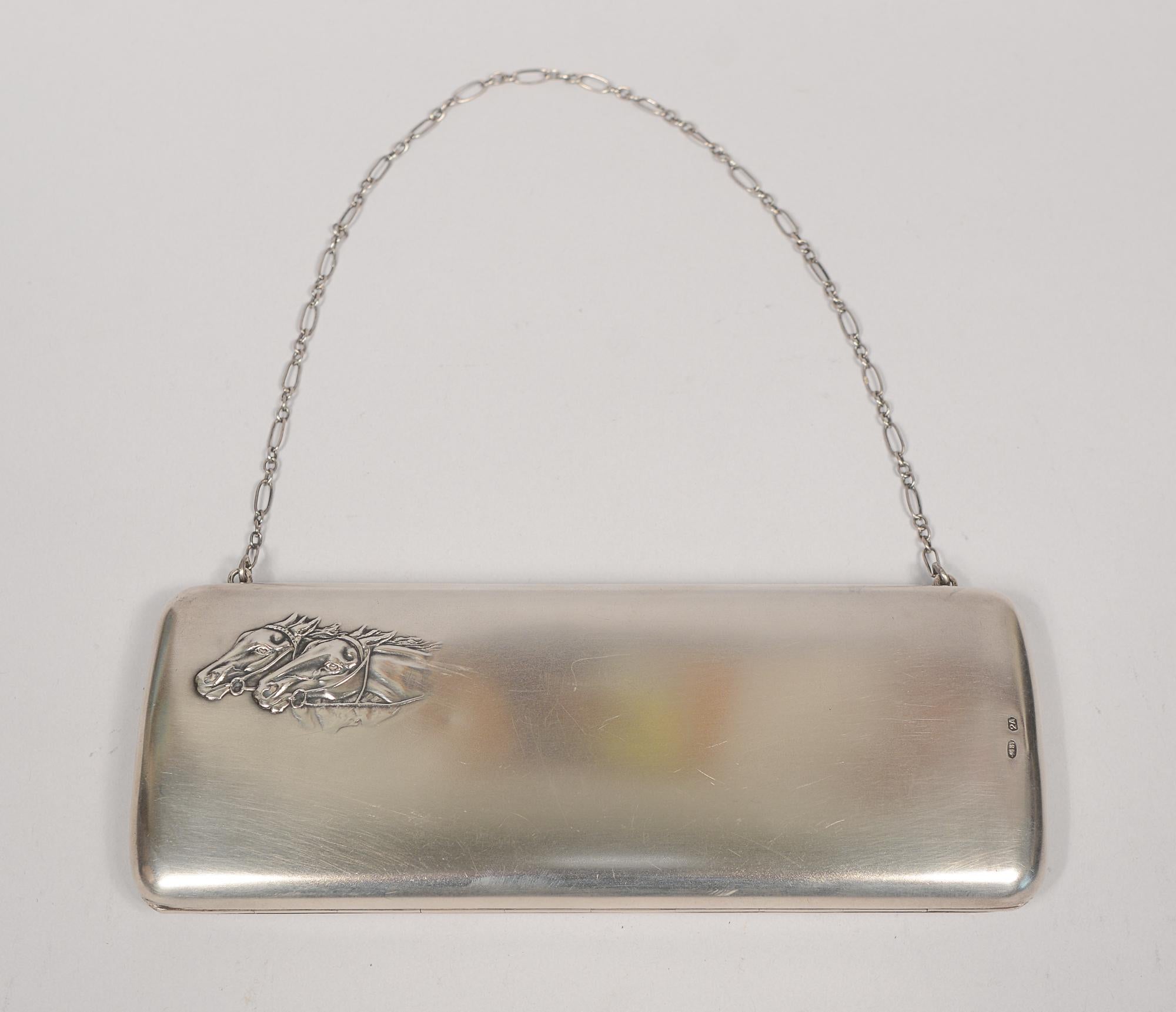 Art Nouveau Early 20th Century Russian Silver 84 Clutch Purse with Horses Moscow For Sale