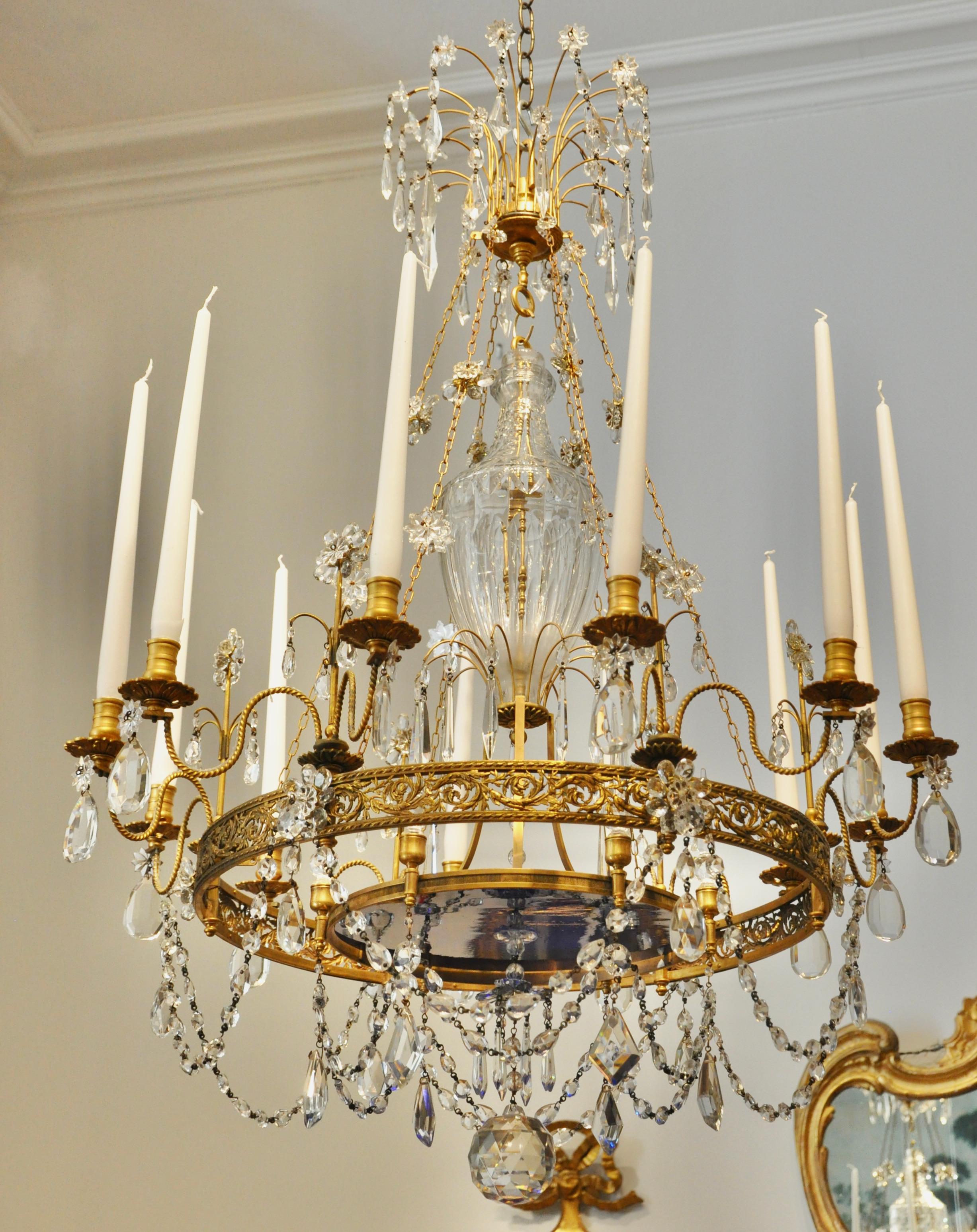 Neoclassical Russian style ormolu and cobalt blue glass chandelier. Wonderful form with crystal flowers and reticulated gilt bronze work

Provenance: The Waldorf Astoria New York

Will be French wired for US Standard Electricity.
