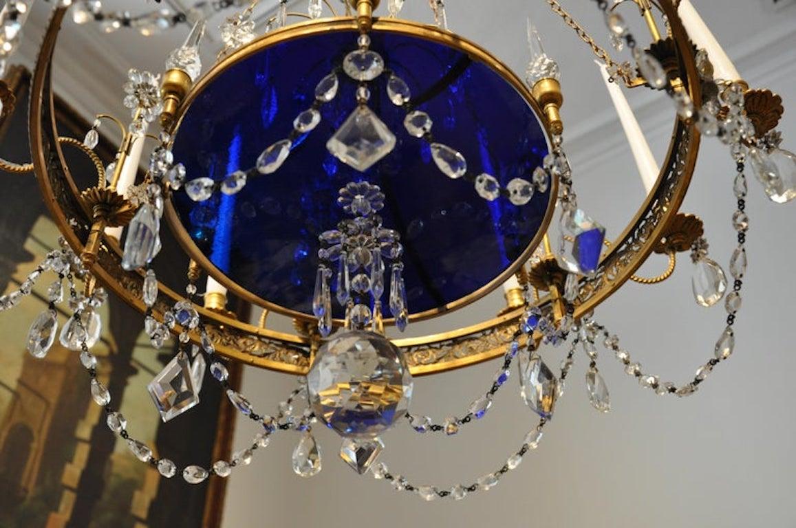 Kronleuchter im russischen Stil des frühen 20. Jahrhunderts aus Goldbronze und kobaltblauem Glas im Zustand „Gut“ im Angebot in Essex, MA