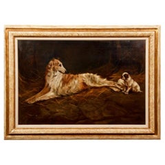 Antique Early 20th Century Russian Wolfhound and Pug Oil on Canvas Gilt Framed Painting