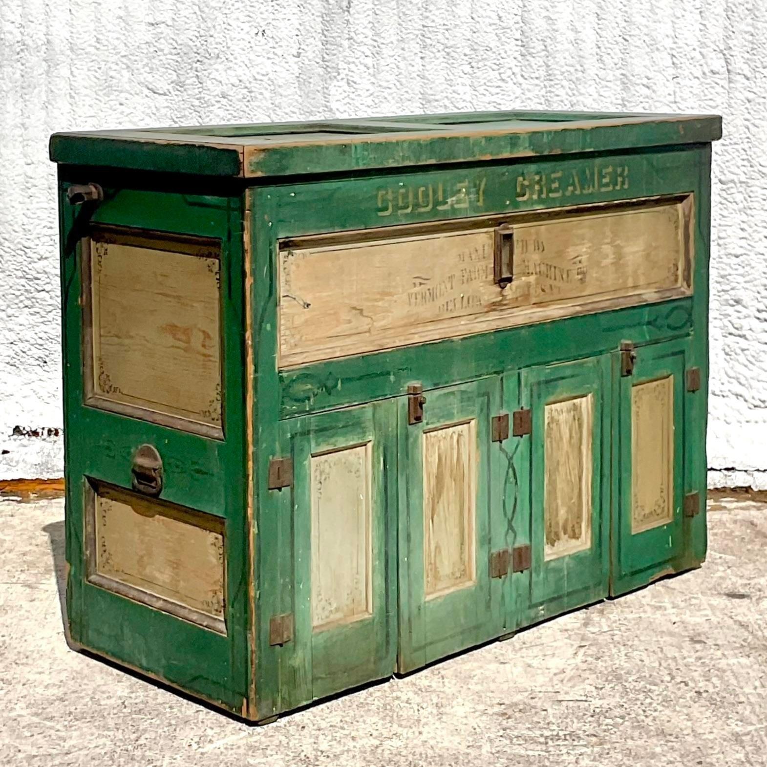 Metal Early 20th Century Rustic A.H. Reid Creamery Cabinet For Sale