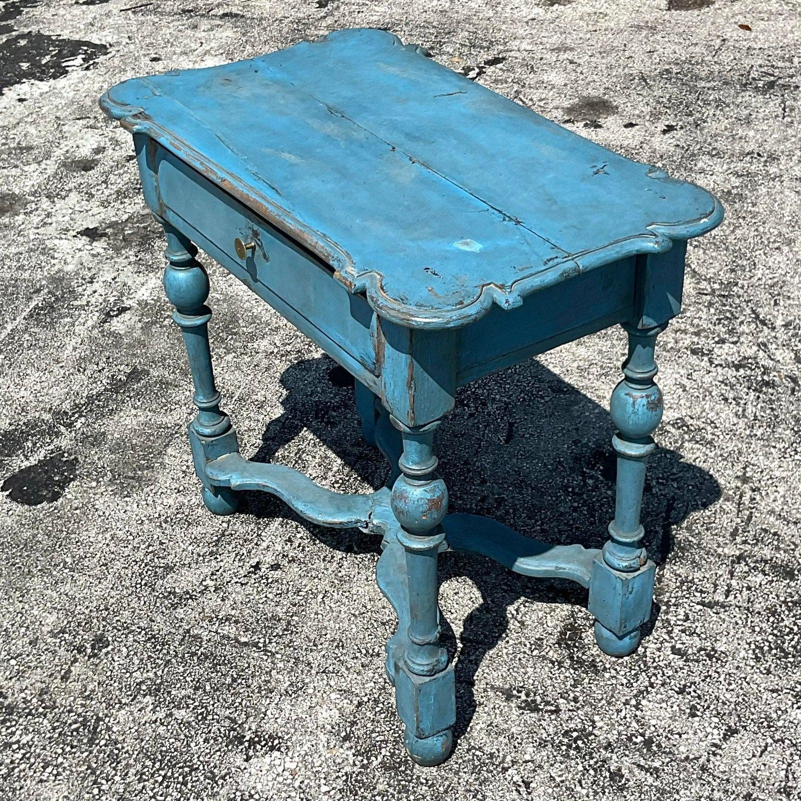 Early 20th Century Rustic Bright Blue Side Table In Good Condition In West Palm Beach, FL