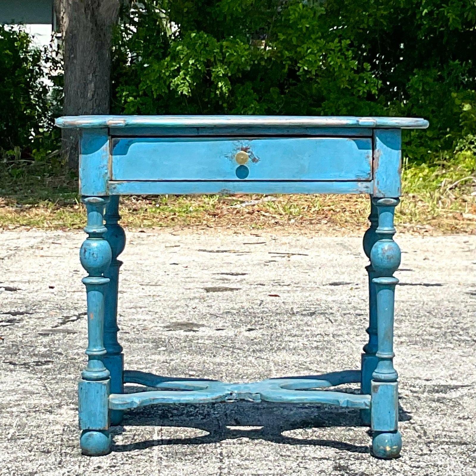 Early 20th Century Rustic Bright Blue Side Table 1