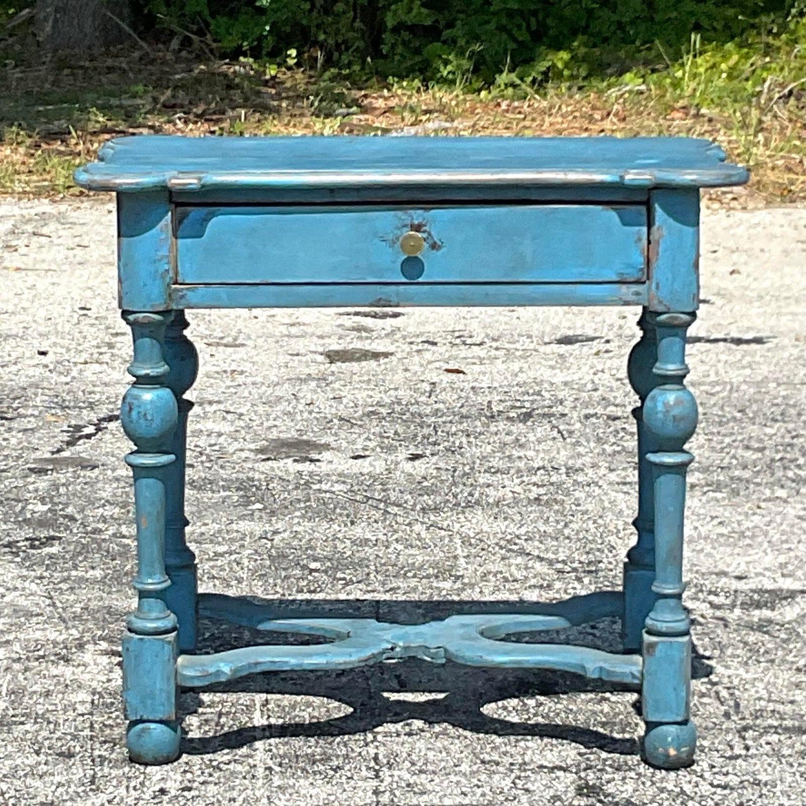 Early 20th Century Rustic Bright Blue Side Table 2