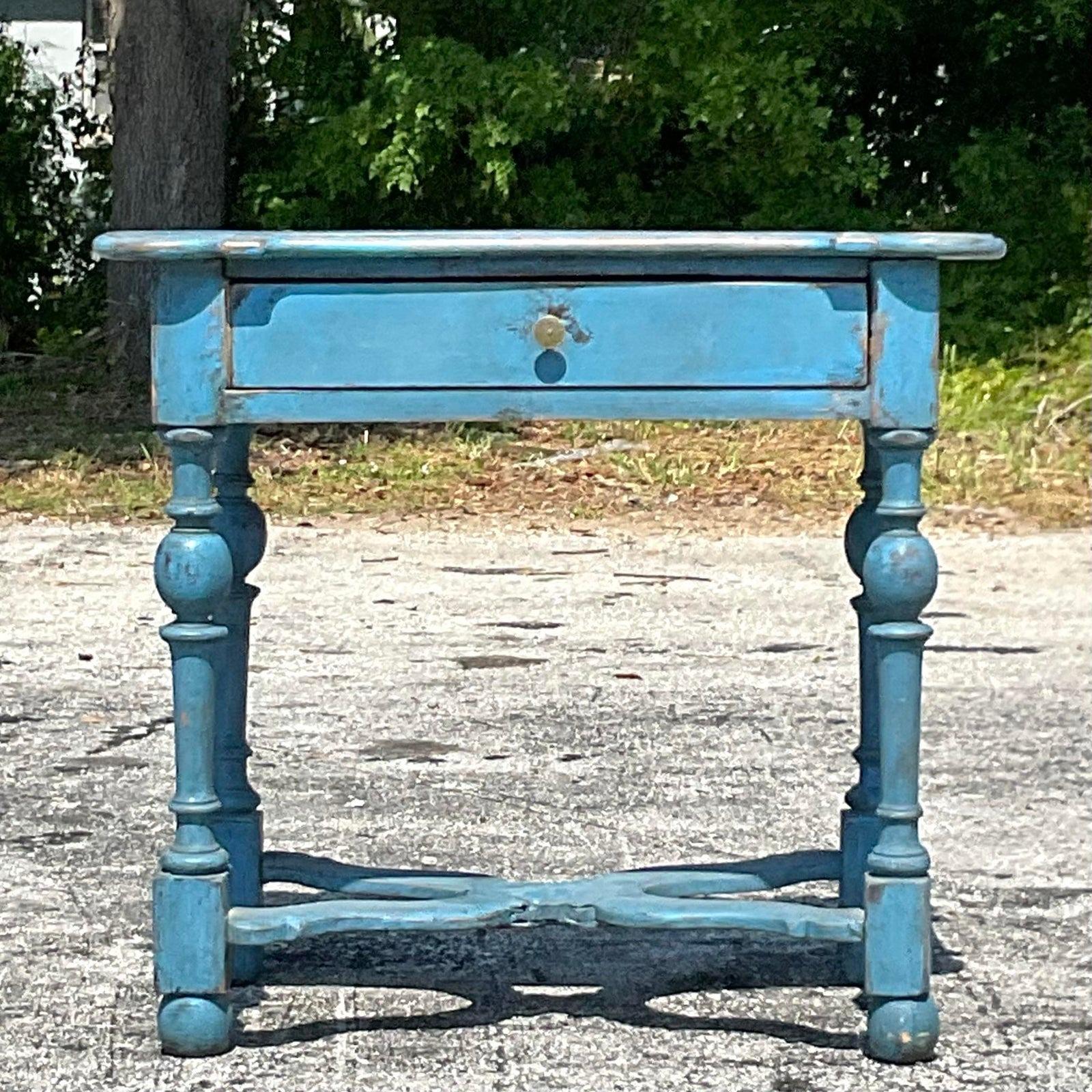 Early 20th Century Rustic Bright Blue Side Table 3