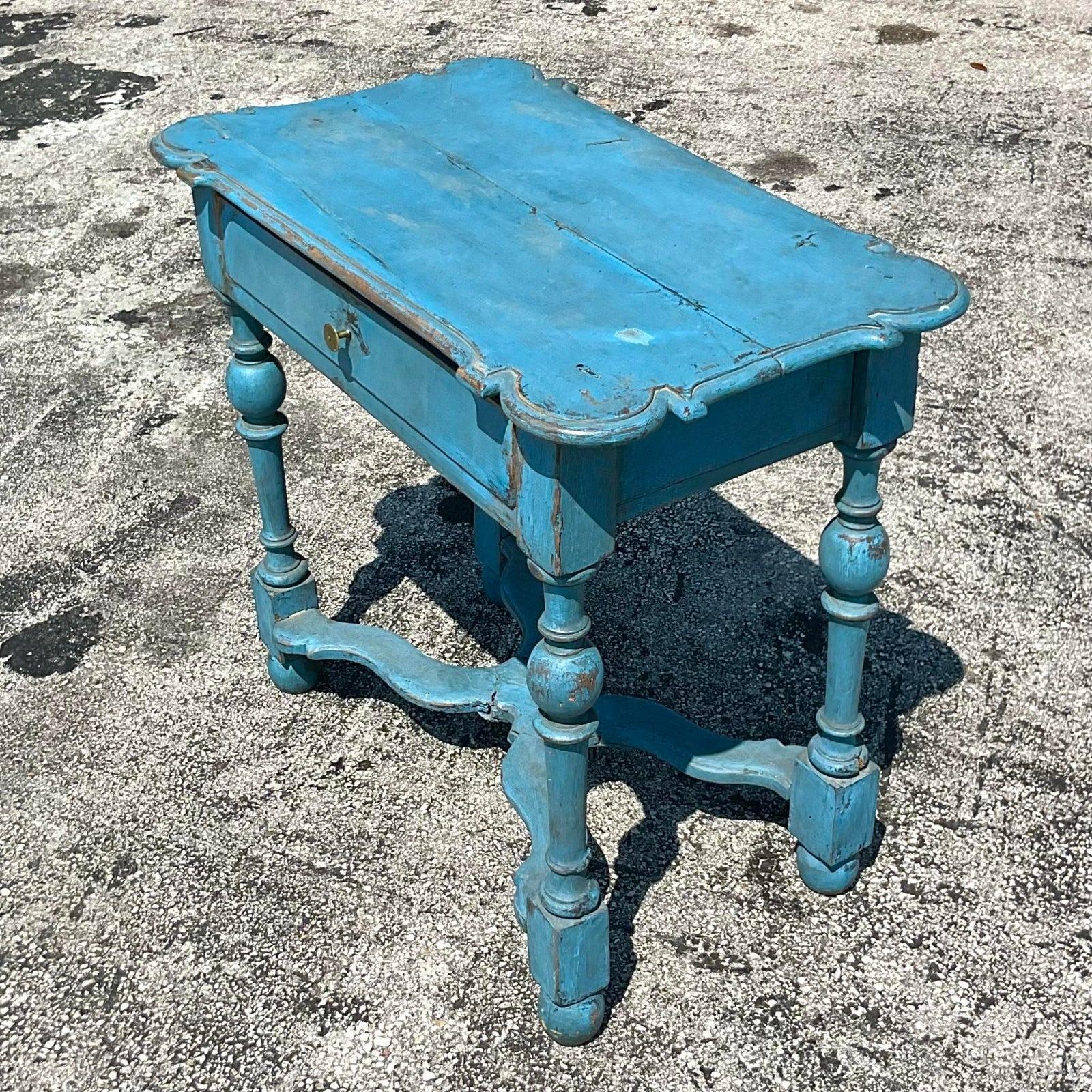 Early 20th Century Rustic Bright Blue Side Table 4