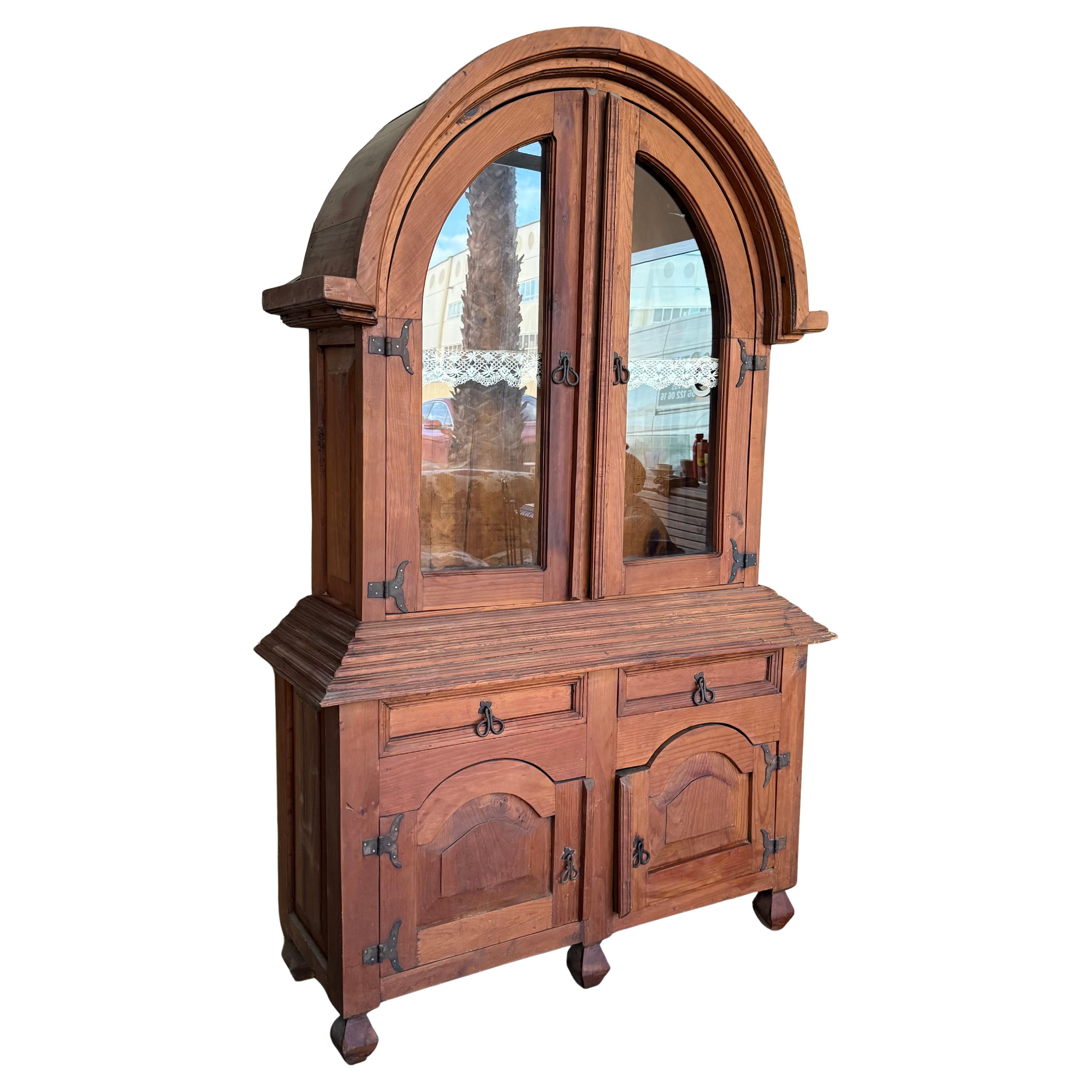 Early 20th Century Rustic Cabinet or Cupboard in Solid Oak with Glass Front