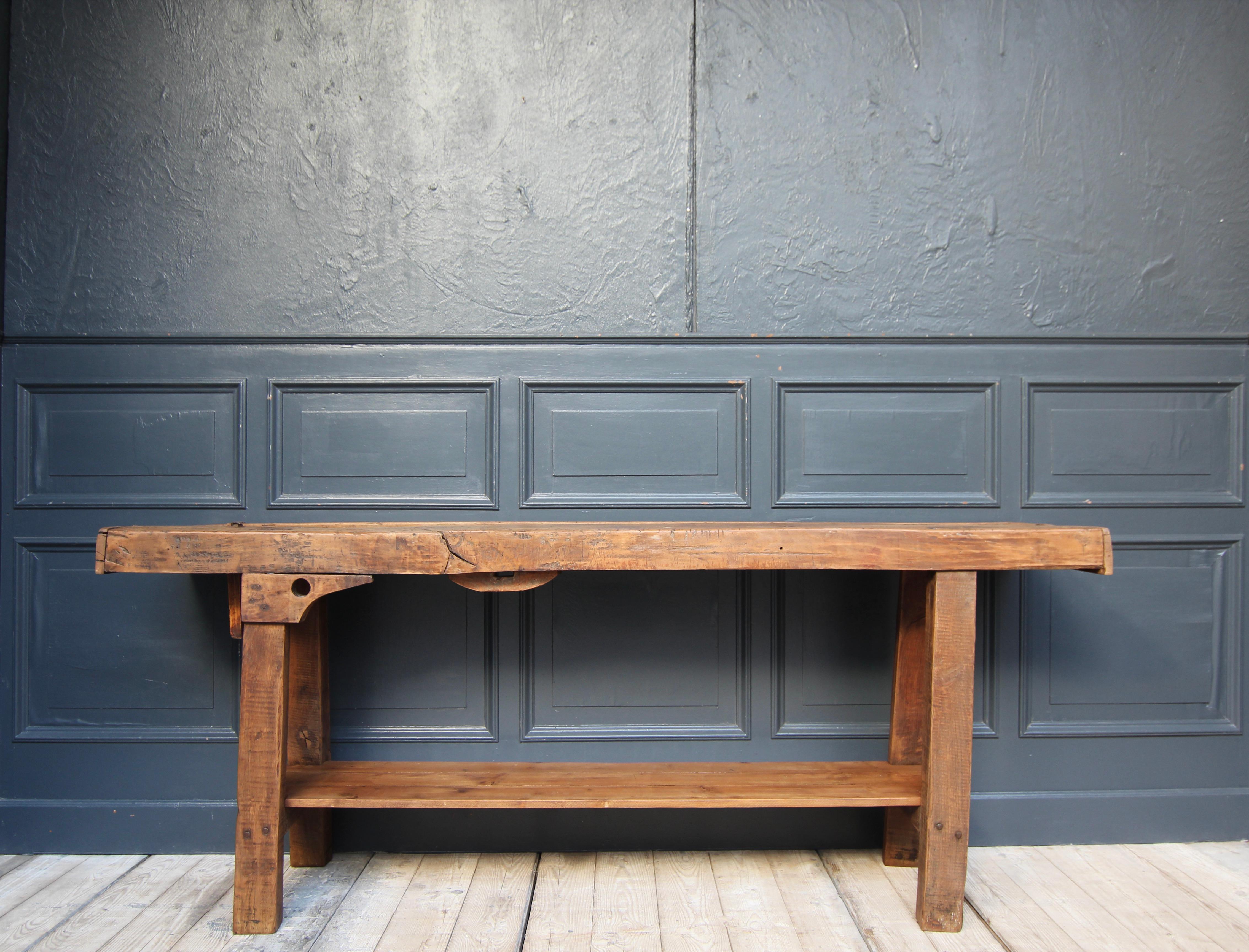 Early 20th Century Rustic French Industrial Workbench Console Table In Good Condition In Dusseldorf, DE