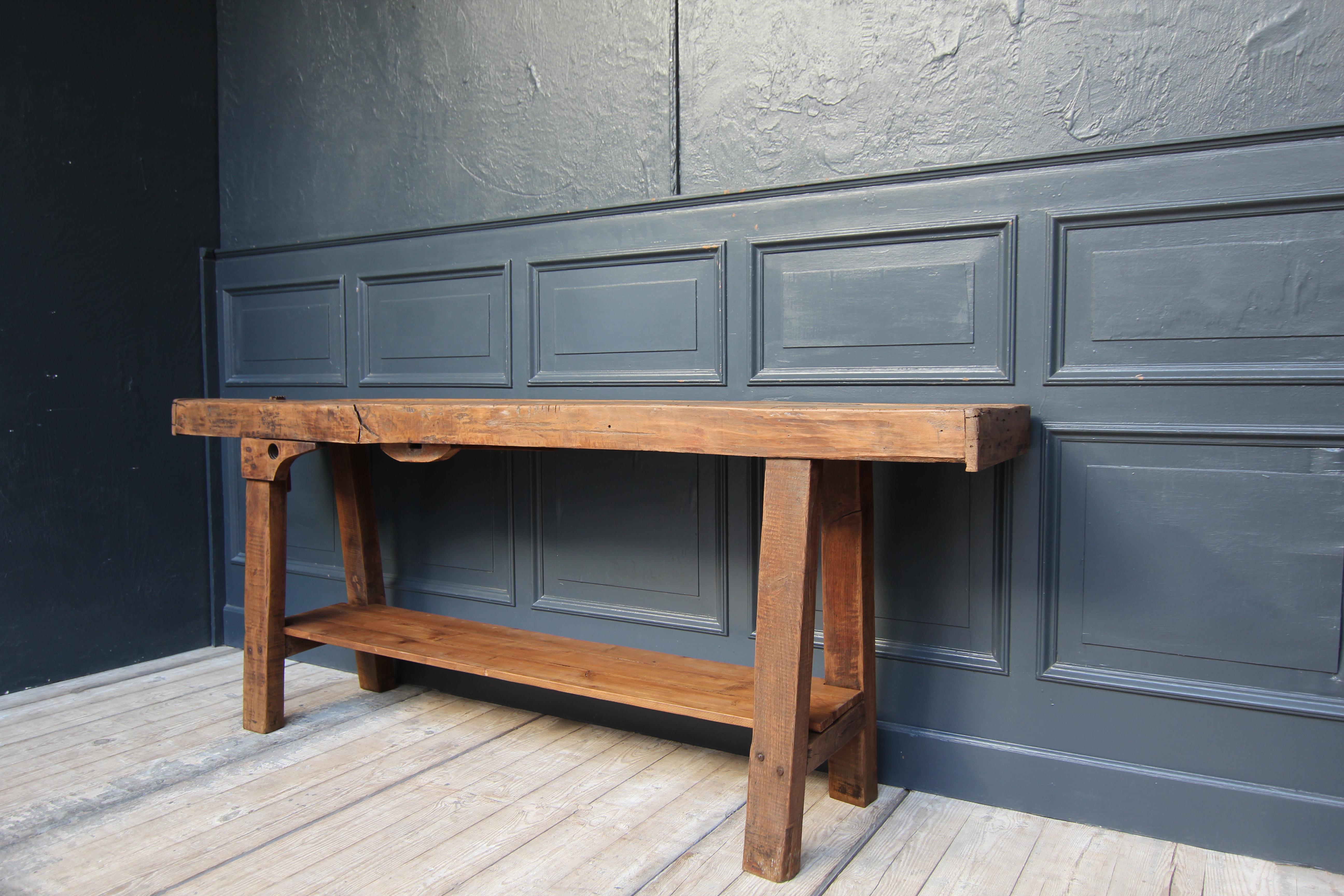 Beech Early 20th Century Rustic French Industrial Workbench Console Table
