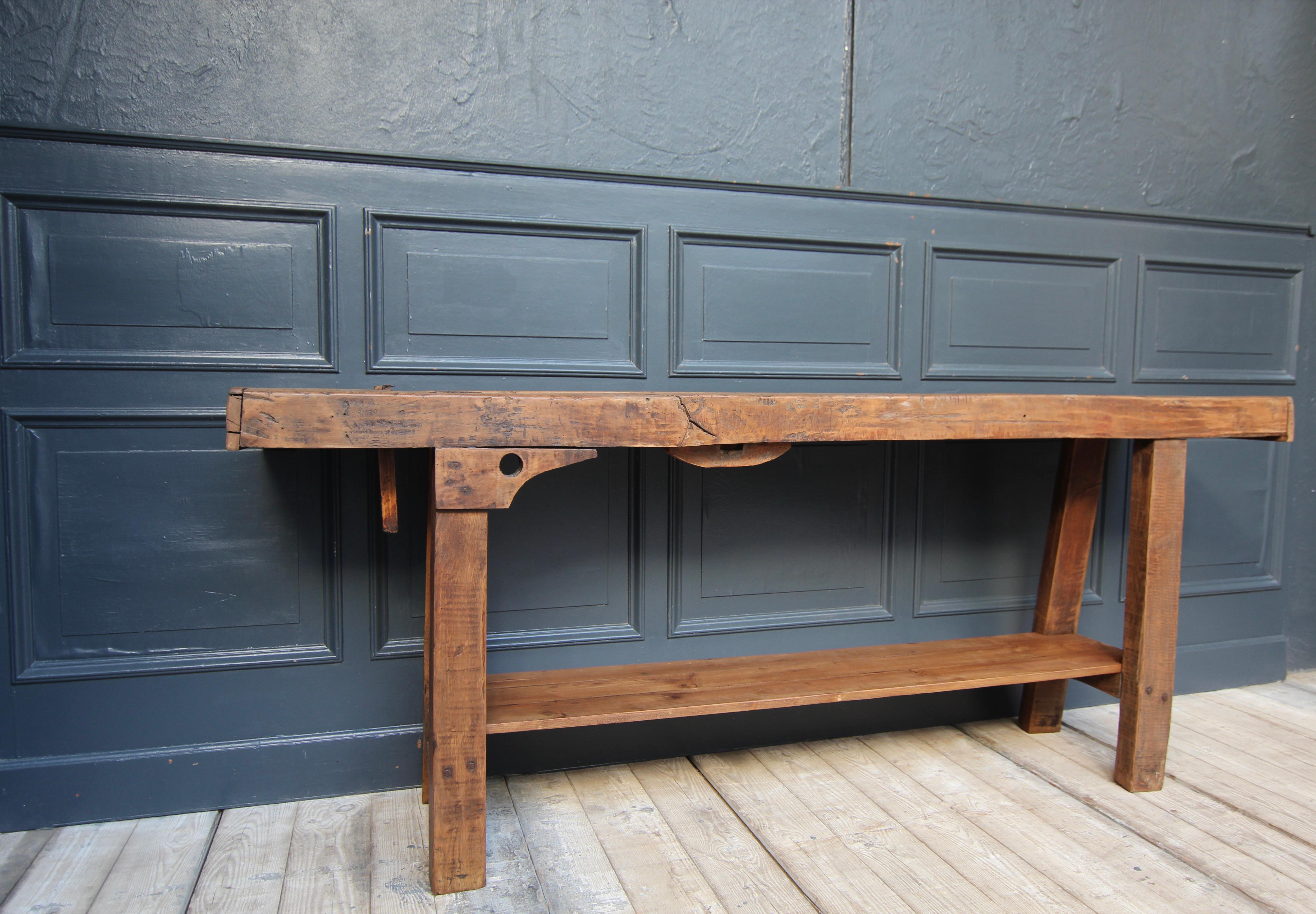Early 20th Century Rustic French Industrial Workbench Console Table 1
