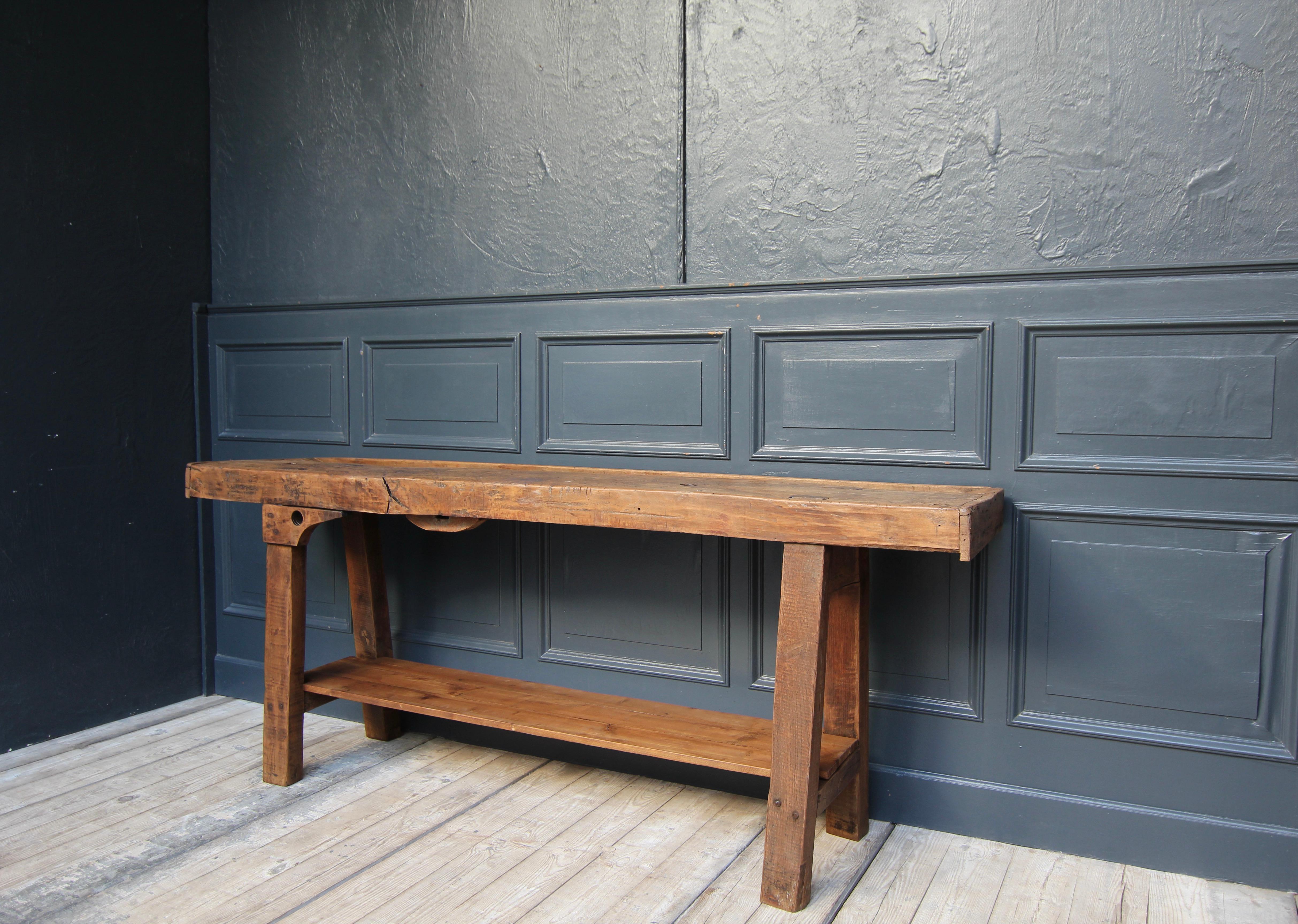 Early 20th Century Rustic French Industrial Workbench Console Table 2