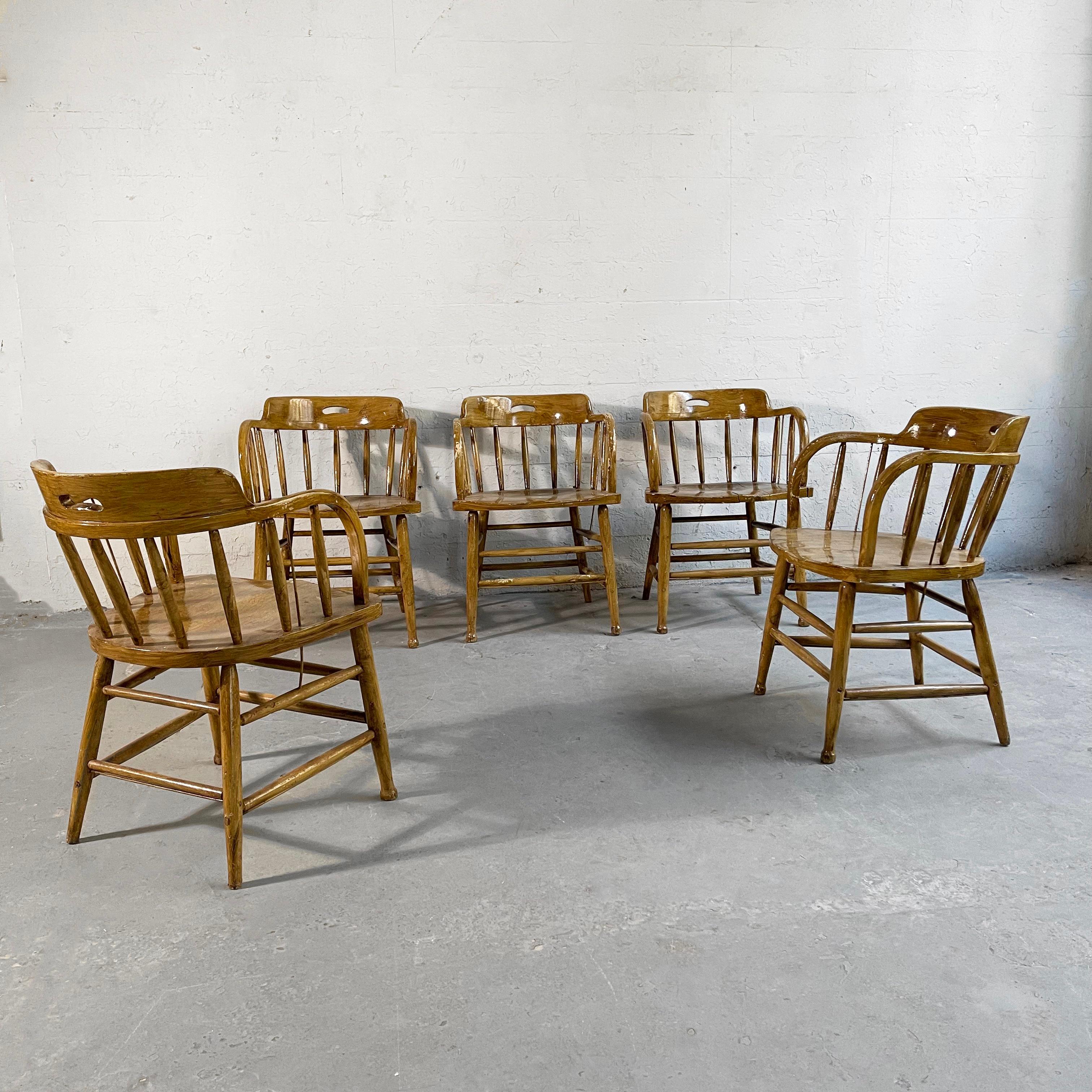 American Craftsman Early 20th Century, Rustic Oak Firehouse Dining Chairs