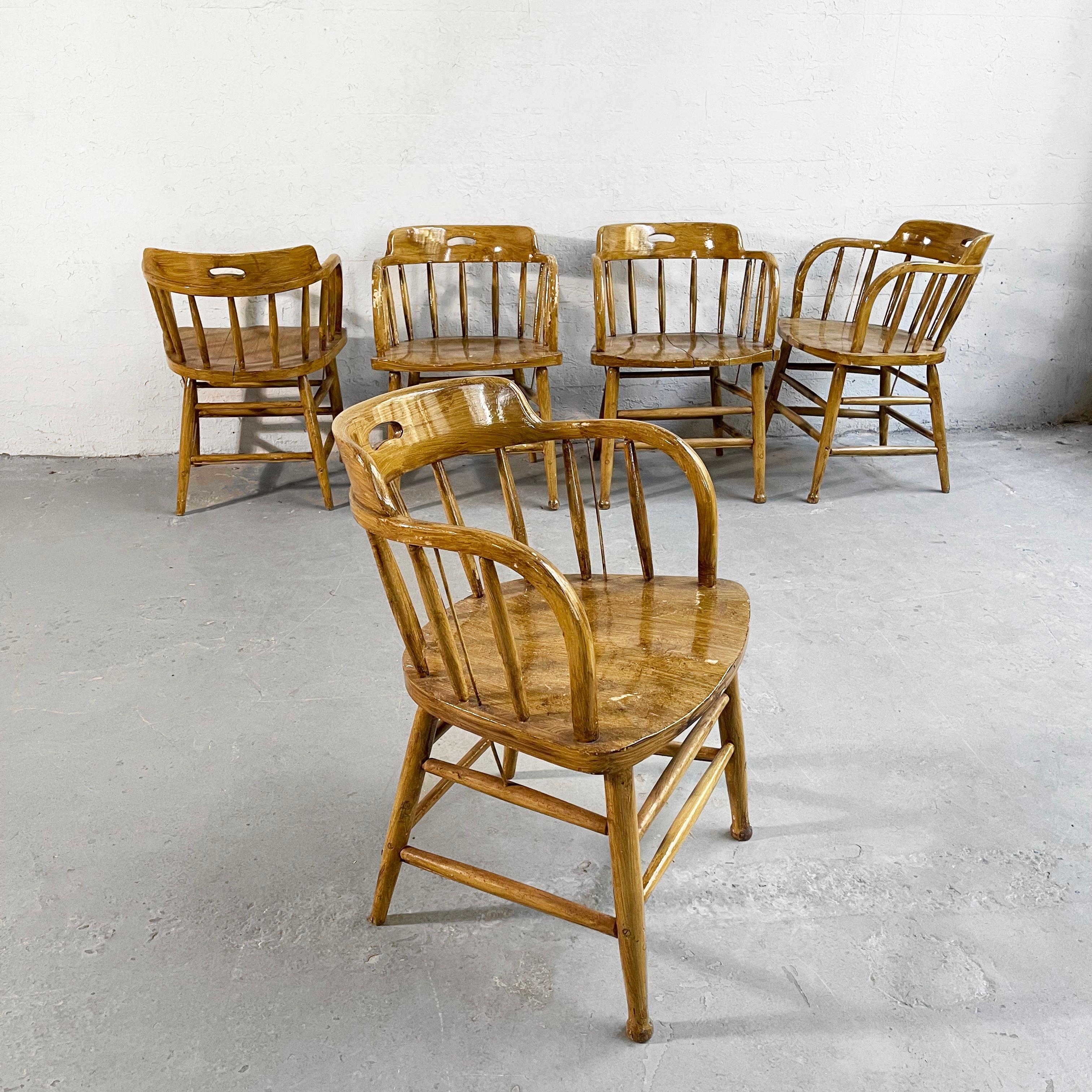 American Early 20th Century, Rustic Oak Firehouse Dining Chairs