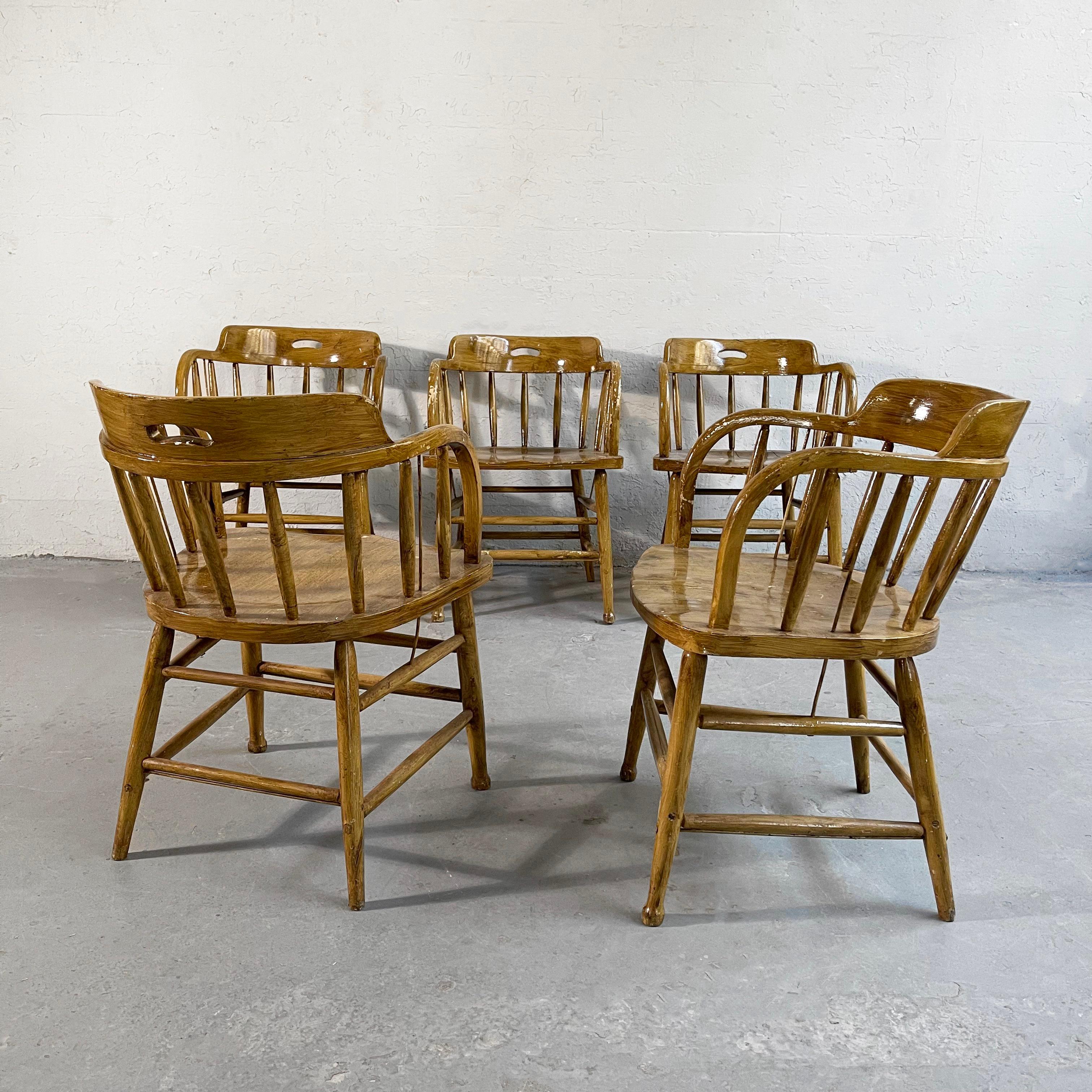 Early 20th Century, Rustic Oak Firehouse Dining Chairs In Good Condition In Brooklyn, NY