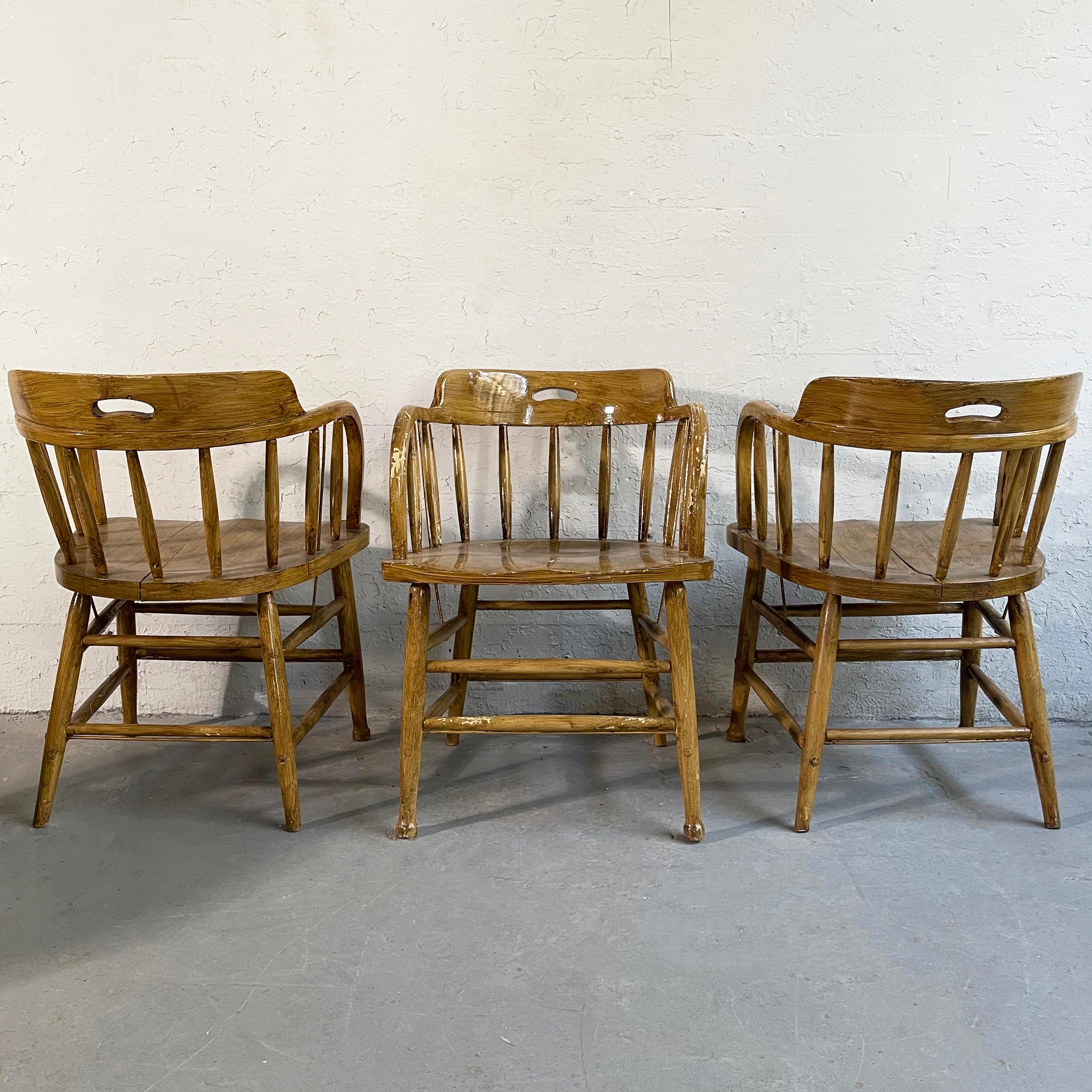 Early 20th Century, Rustic Oak Firehouse Dining Chairs 1