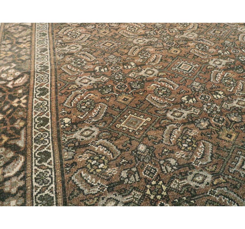Hand-Knotted Early 20th Century Rustic Persian Handmade Accent Carpet in Shades of Brown