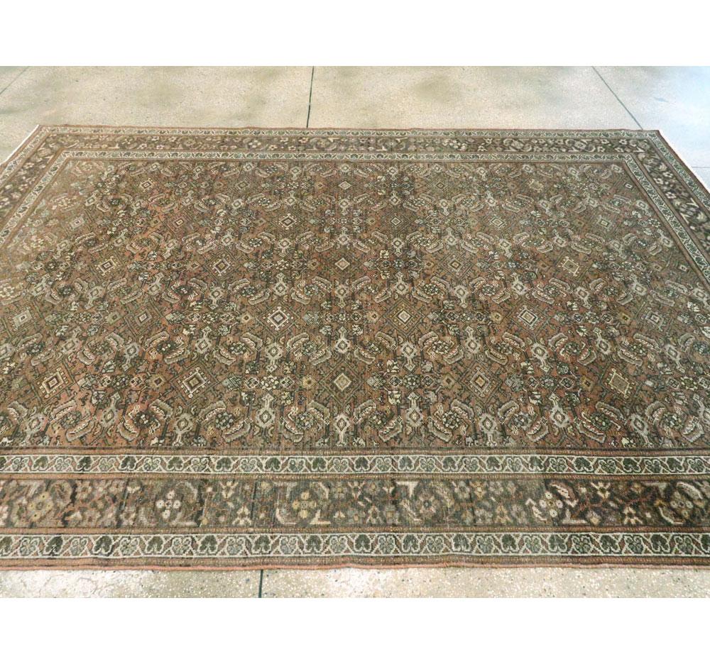 Wool Early 20th Century Rustic Persian Handmade Accent Carpet in Shades of Brown
