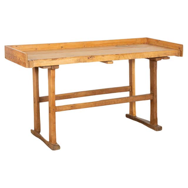 19th Century Rustic Pine Work Table with Shelf, Console or Island For ...