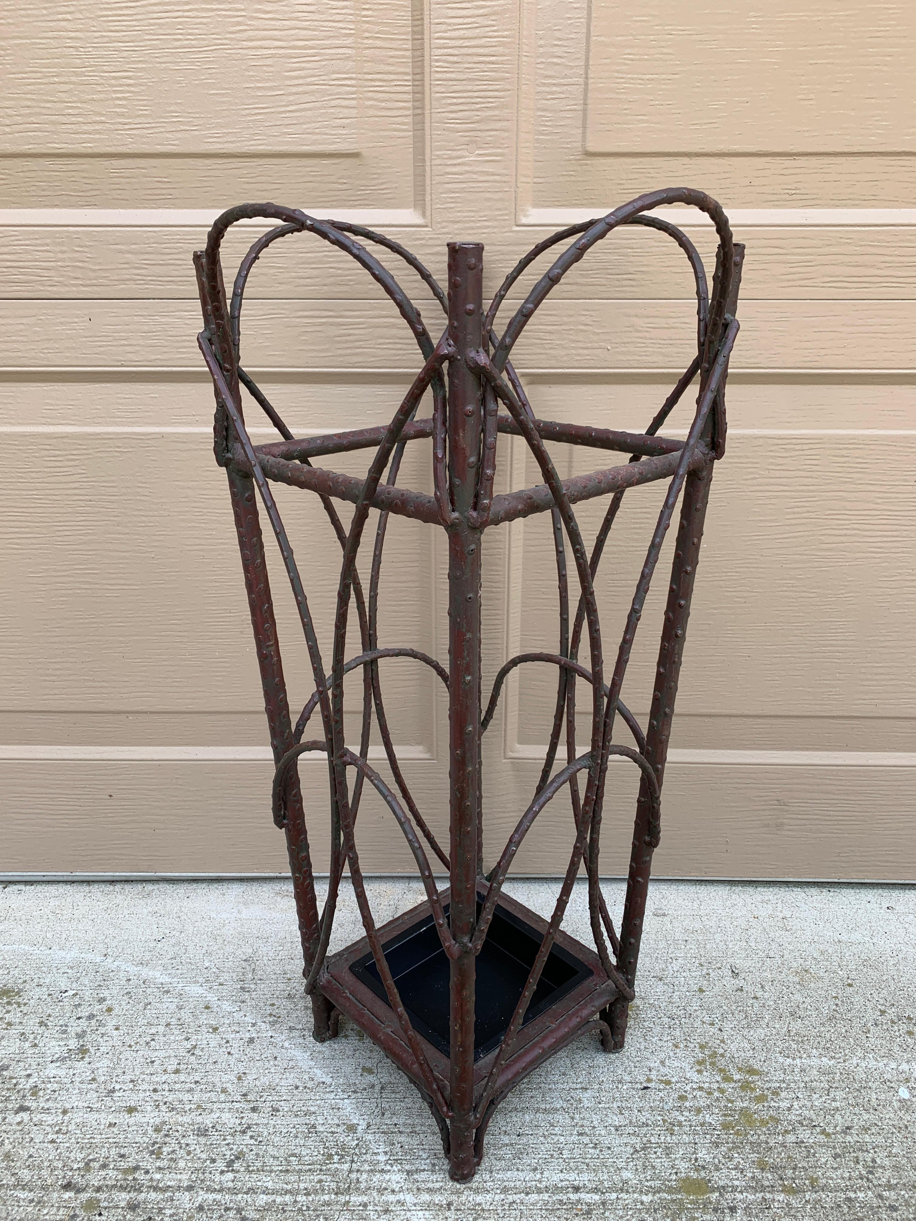 Early 20th Century Rustic Trompe L'oeil Faux Twig Iron Umbrella Stand For Sale 7