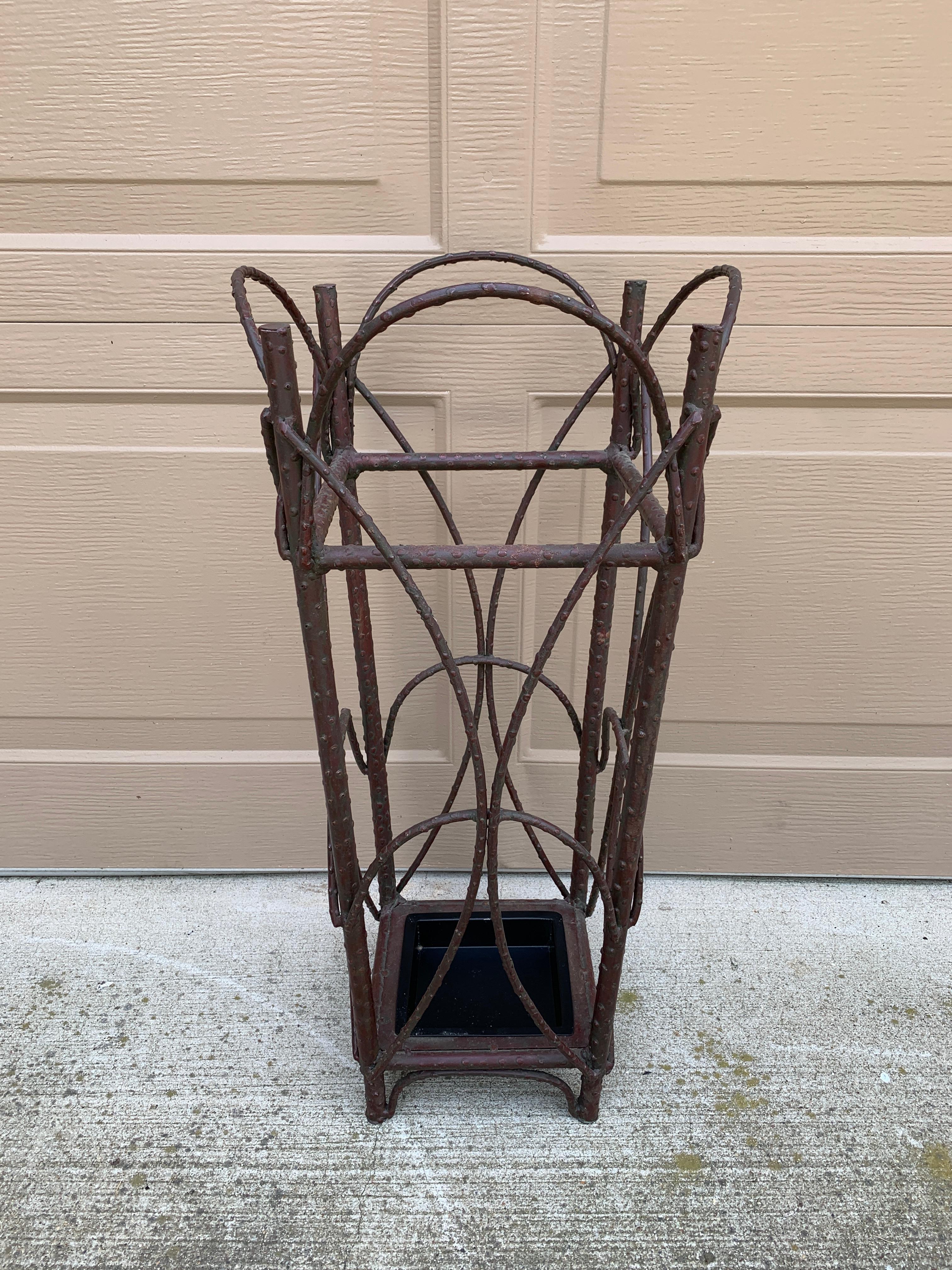 Early 20th Century Rustic Trompe L'oeil Faux Twig Iron Umbrella Stand For Sale 10